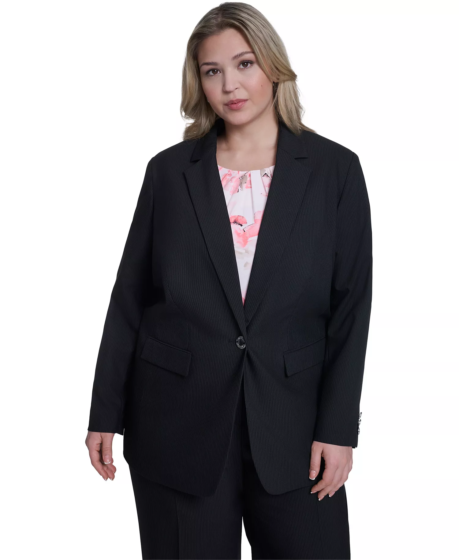 Plus Size One-Button Notch Collar Blazer - Black - 14W