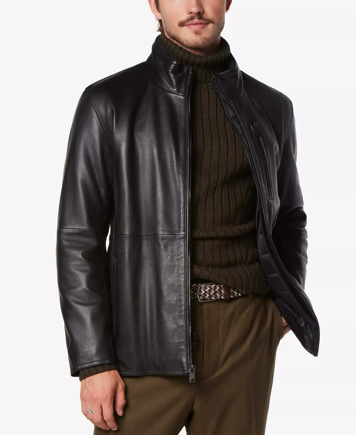 Men's Wollman Smooth Leather Racer Jacket with Removable Interior Bib - Black - S