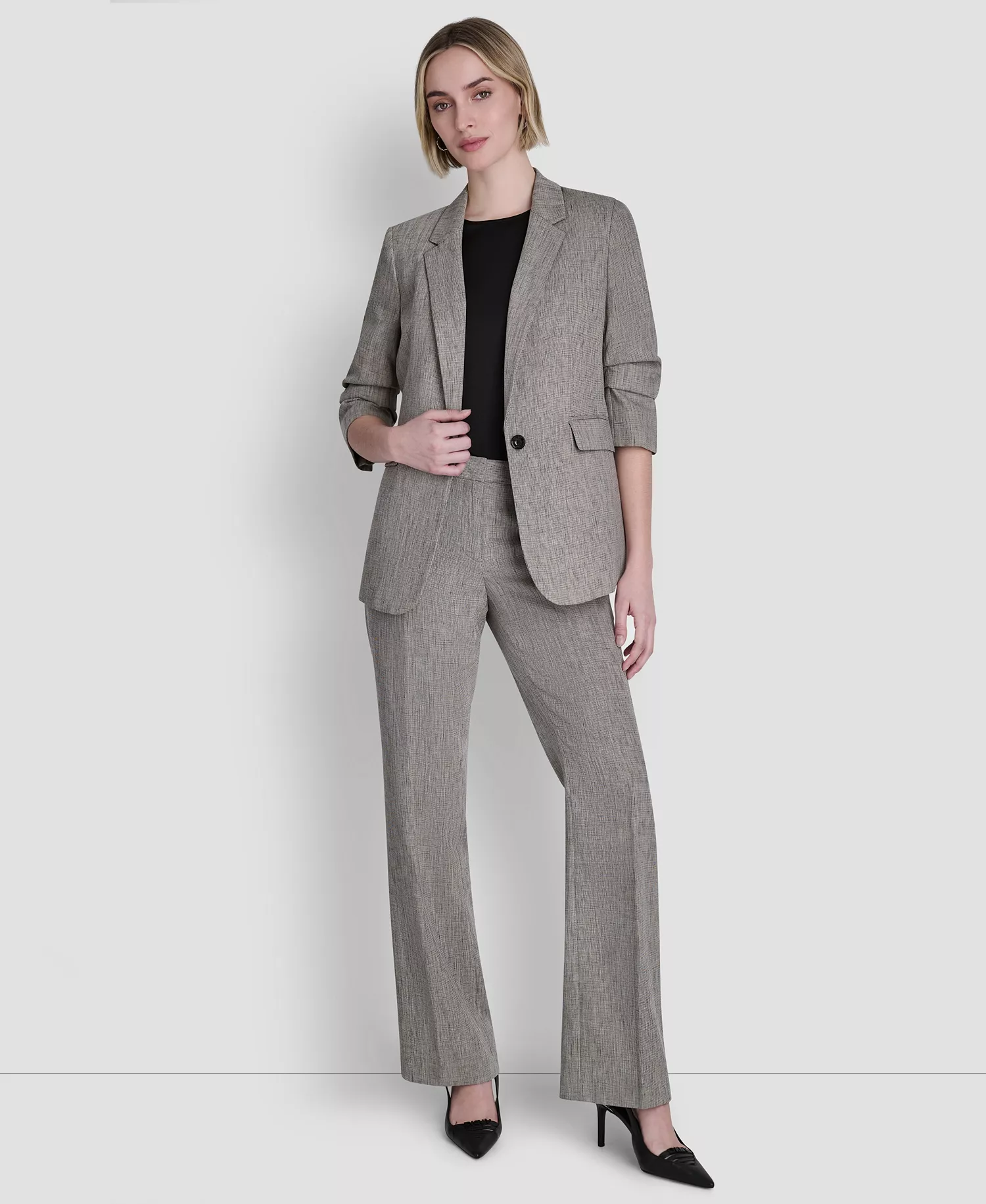 Petite Notch Collar One Button Jacket and Crosshatch Modern Fit Pants - Black/Coconut - 0P