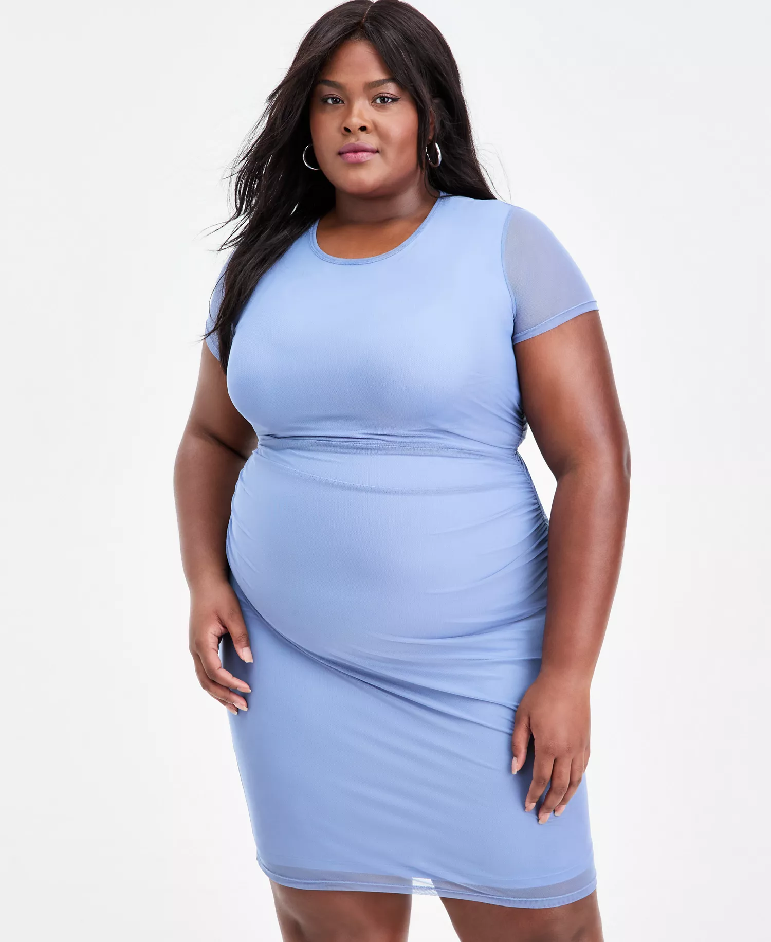Trendy Plus Size Ruched Mesh Short-Sleeve Dress, Macy's Exclusive - Chambray - 0X