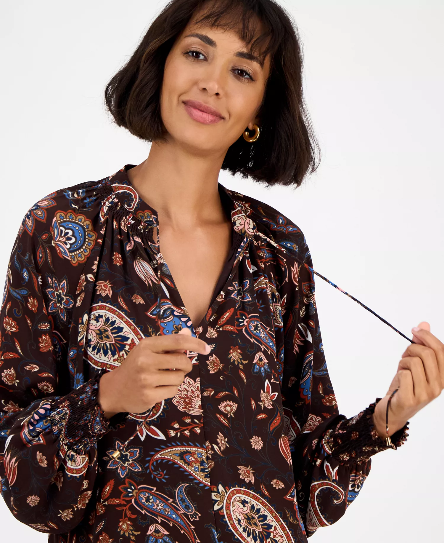 Women's Printed Split-Neck Long-Sleeve Blouse  - Espresso Paisley Print - M