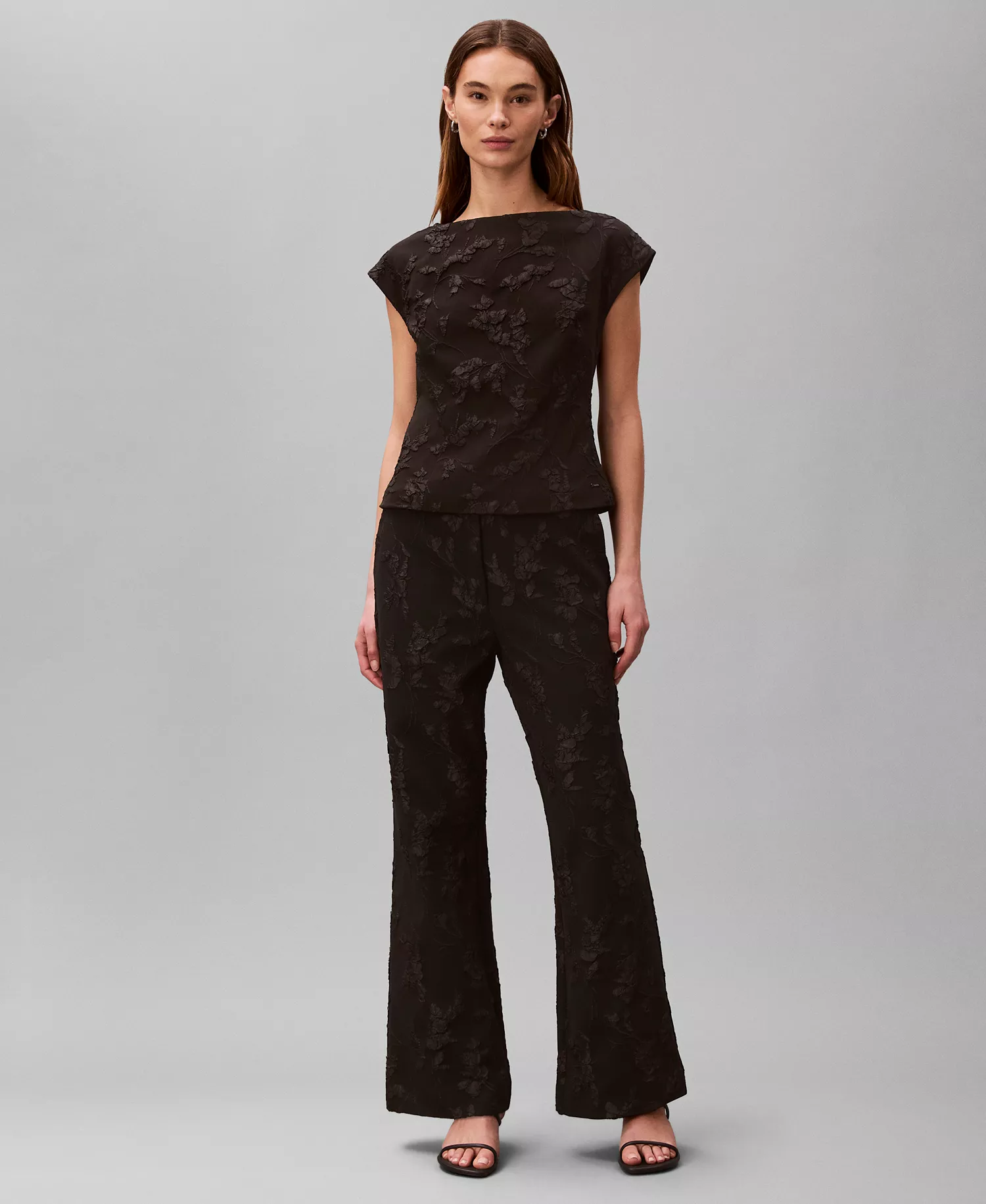 Women's Floral Straight Leg Pants - Black Floral Cutting Cloque Jacquard - 10