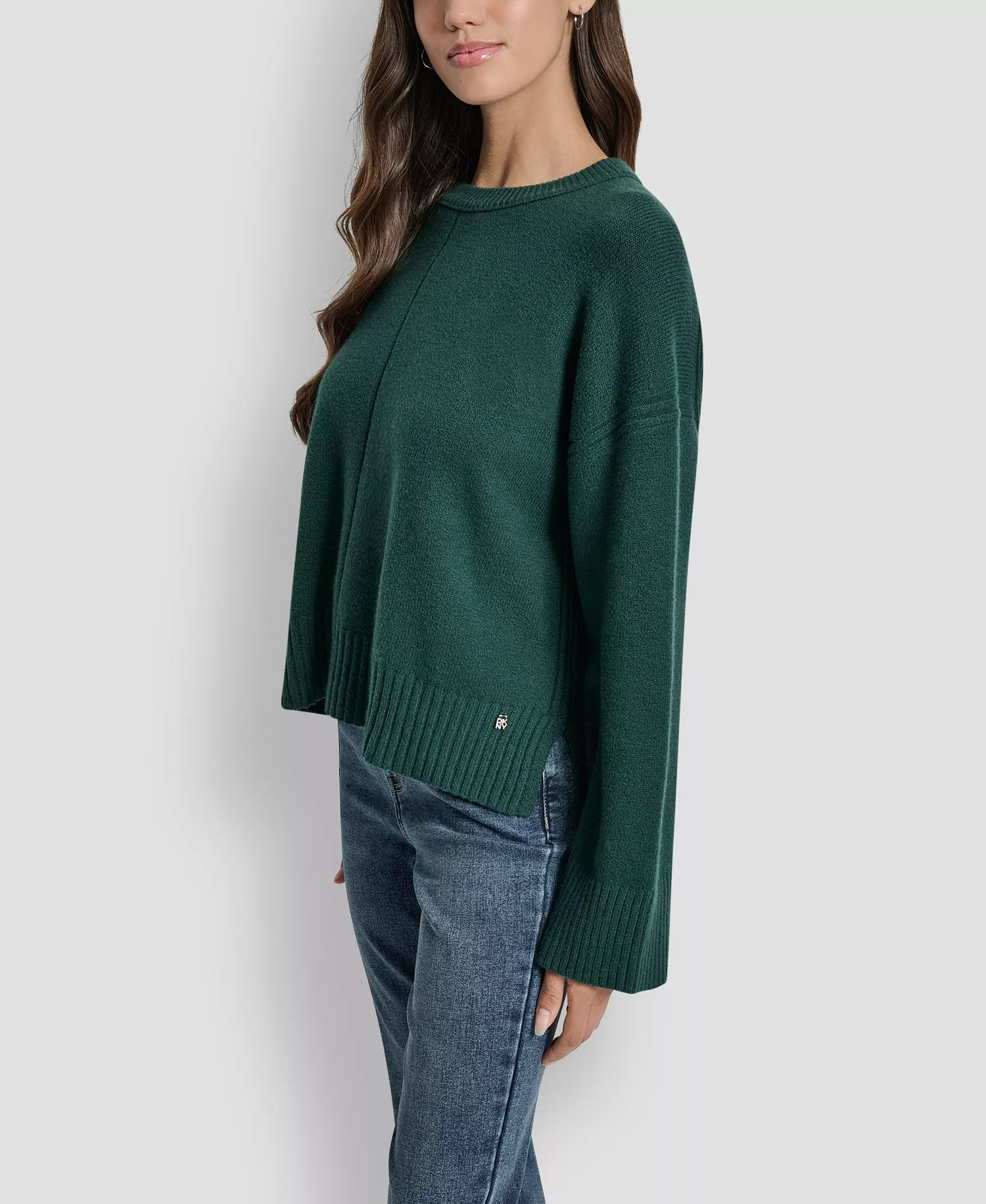 Women's Long Sleeve Bell Sleeve Relaxed Crew Neck Sweater - Cool Pine - L