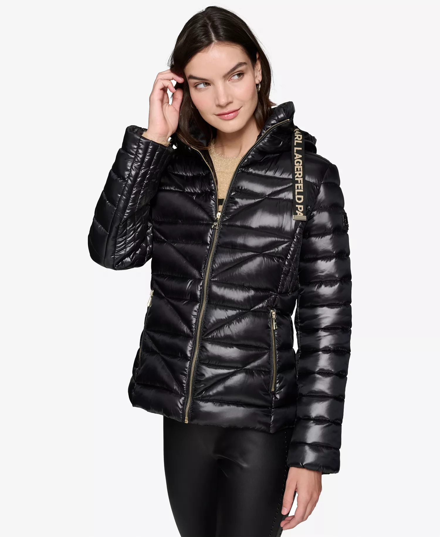 Women's Drawstring Puffer Coat - Black - L