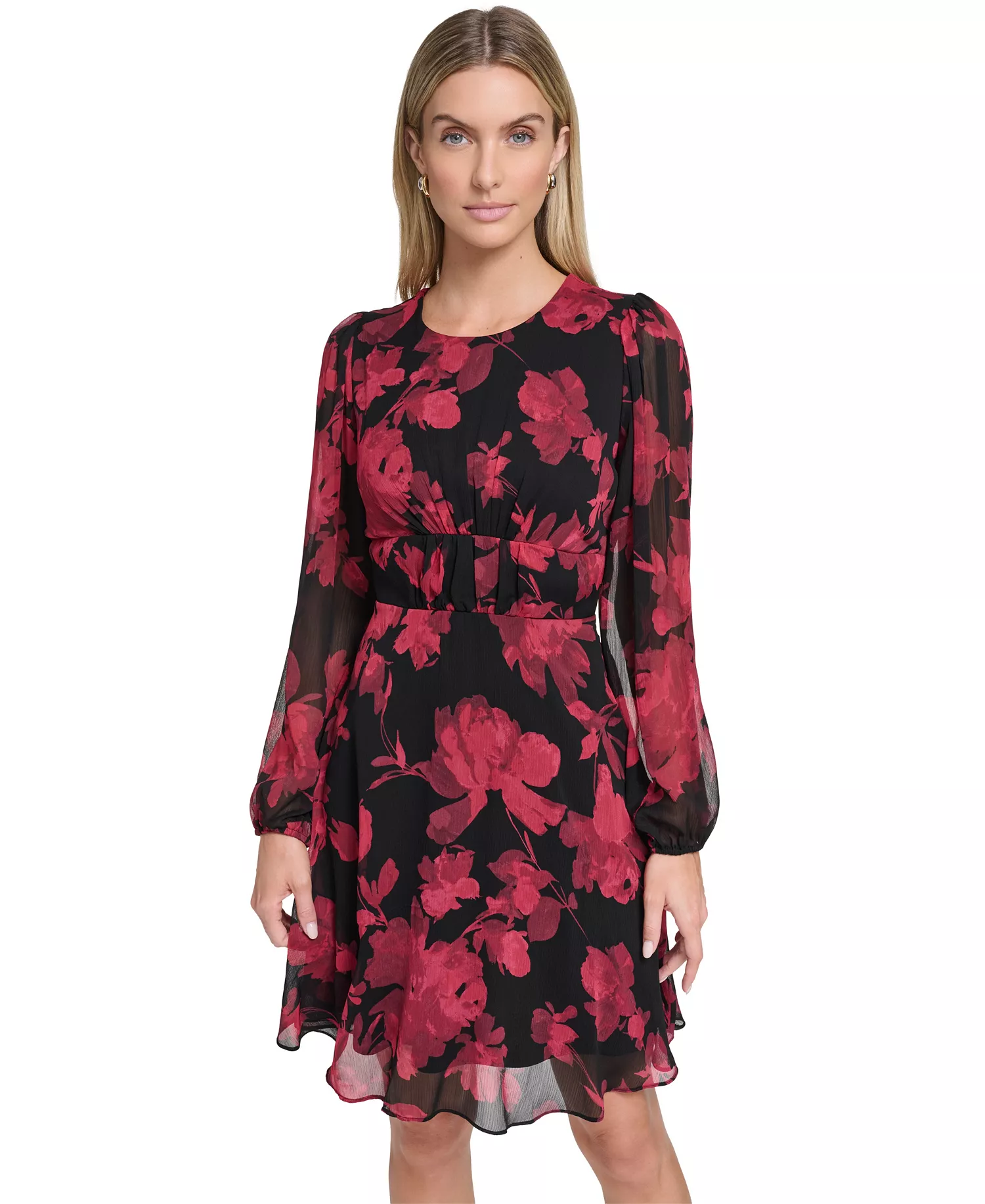 Petite Printed Long-Sleeve A-Line Dress - Black Red - 0P