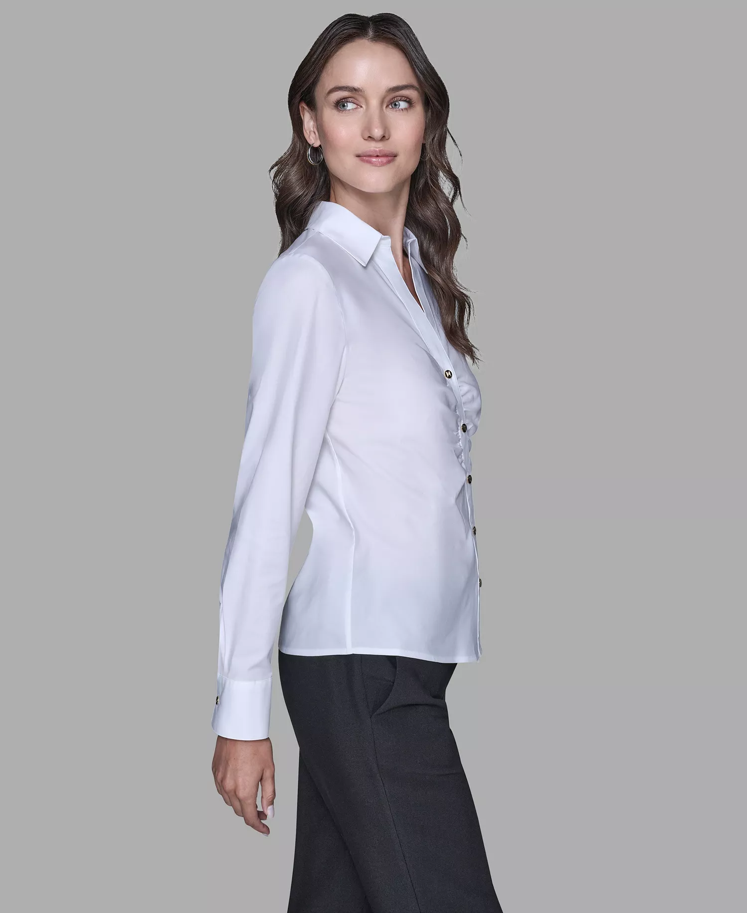 Women's Cinched Waist Collared Top - Soft White - L