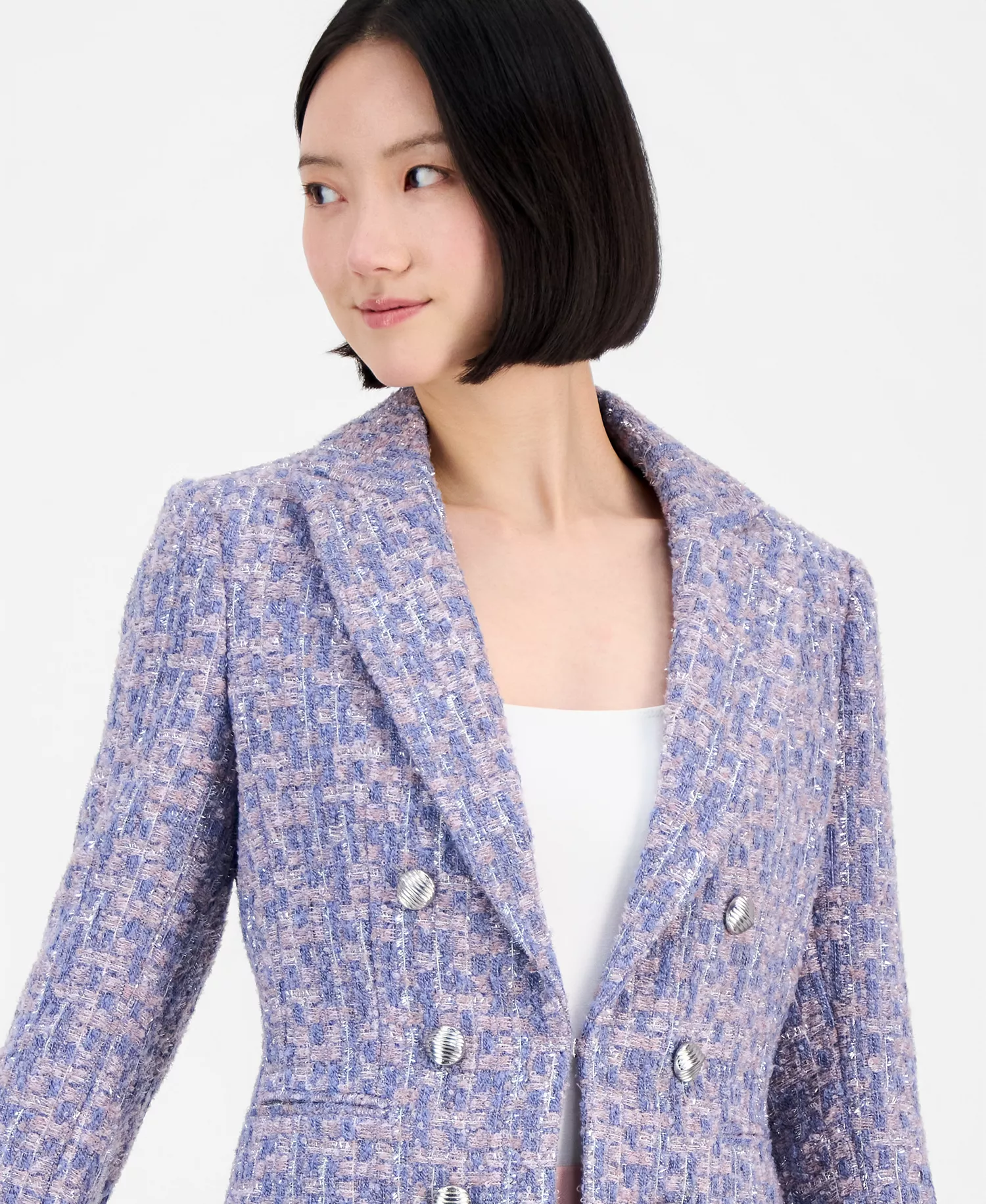 Women's Metallic Bouclé Peak Lapel Blazer - Blue Rose Silver - 10