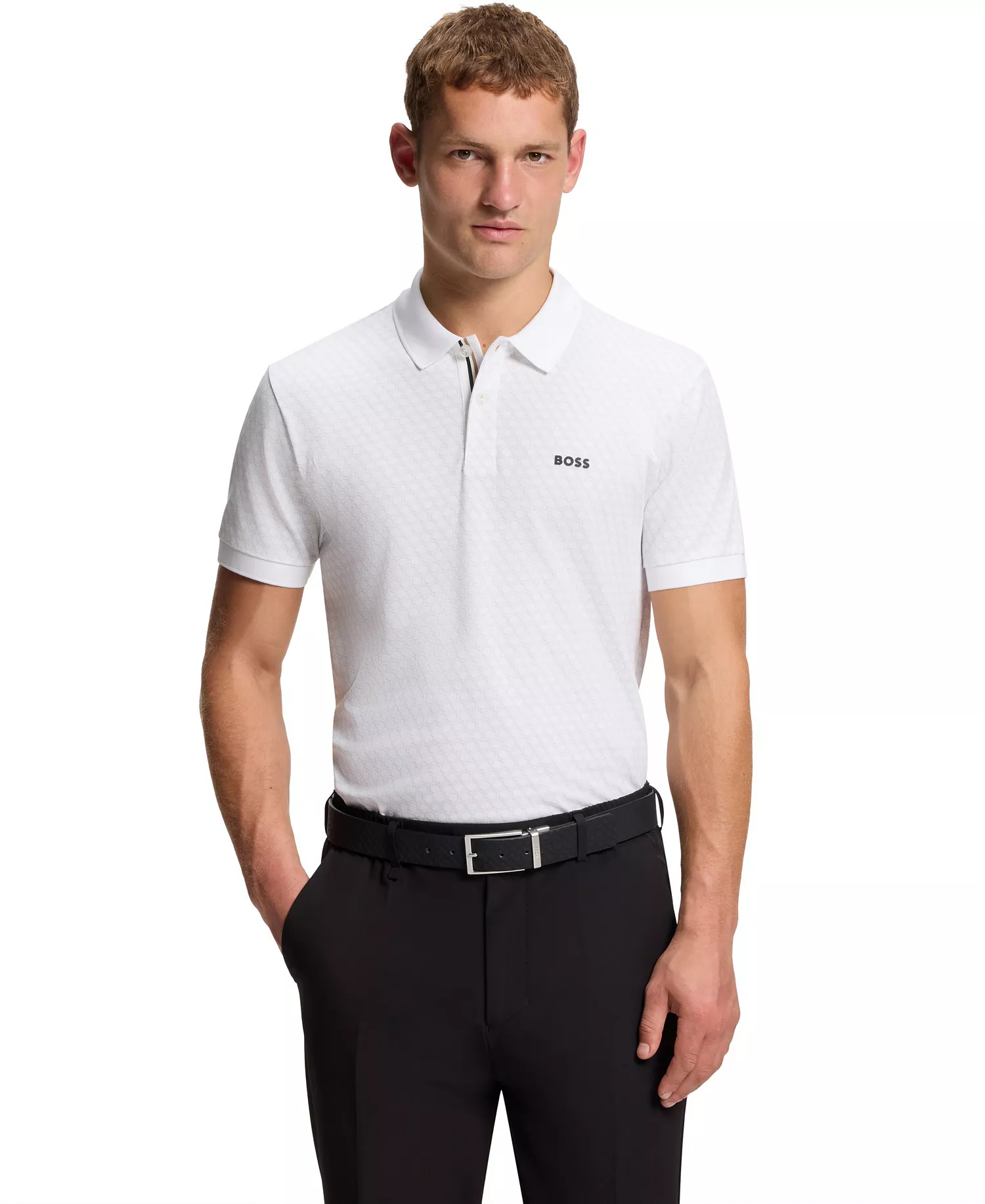 Men's Printed Pattern Cotton-Pique Polo Shirt - White - L