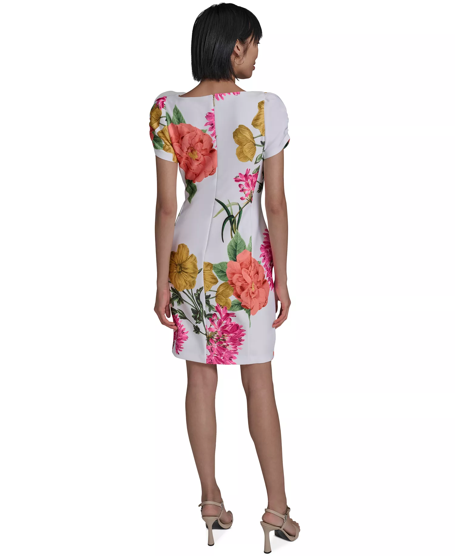 Women's Printed Puff-Sleeve Dress - Soft White/Camelia Combo - 10