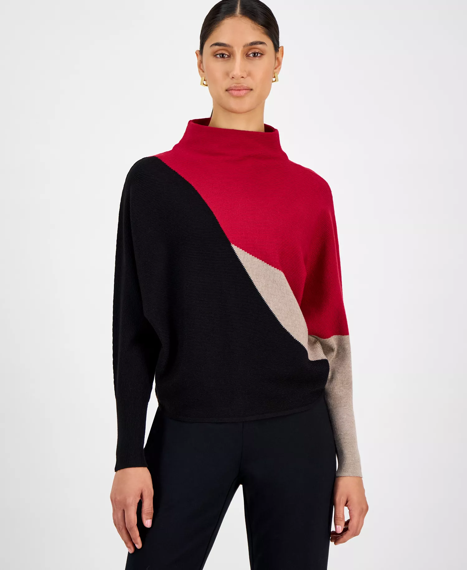 Women's Funnel-Neck Dolman-Sleeve Sweater  - Red Point Colorblock - L
