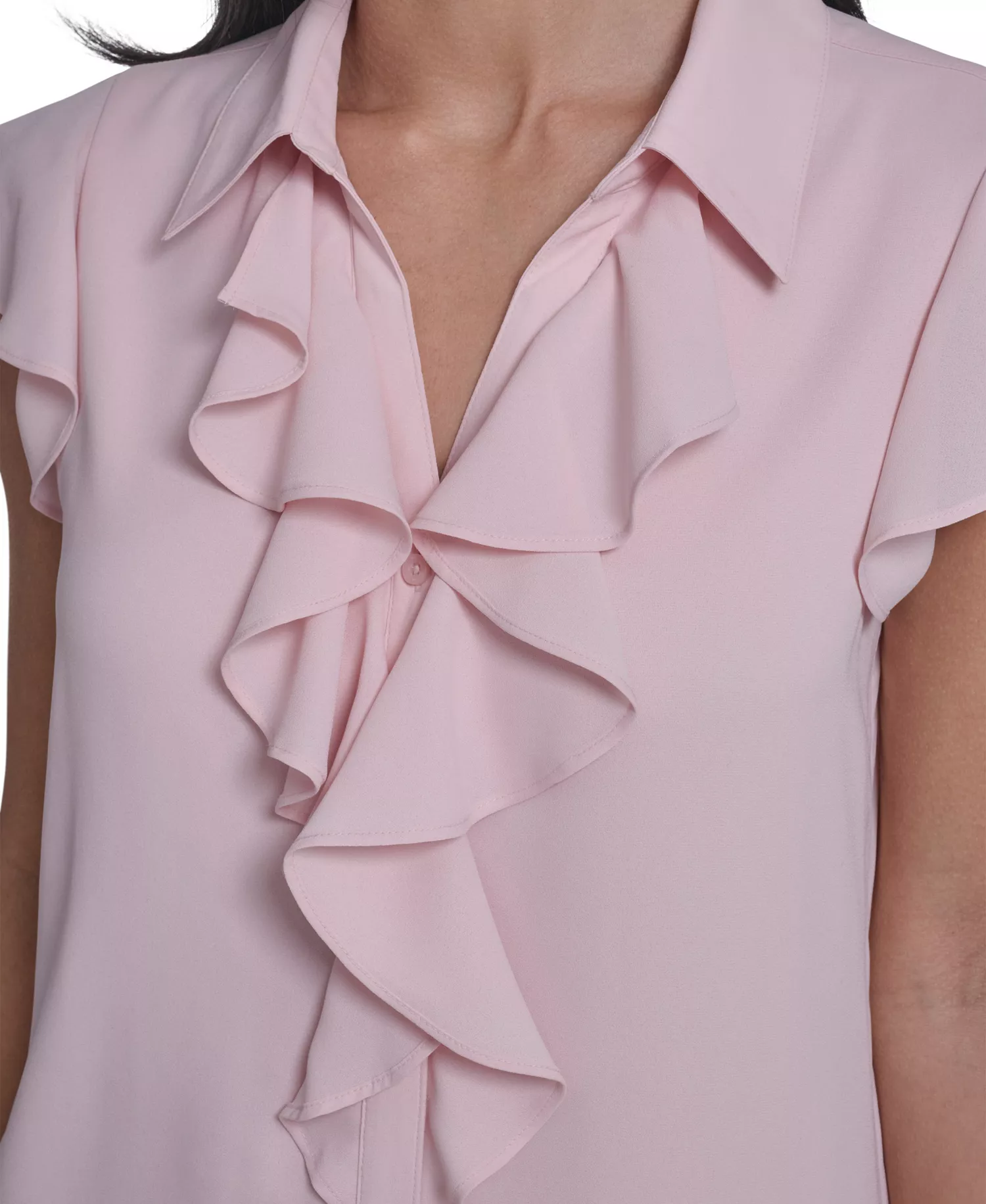 Women's Solid Cap-Sleeve Ruffle Front Top - Petal - L