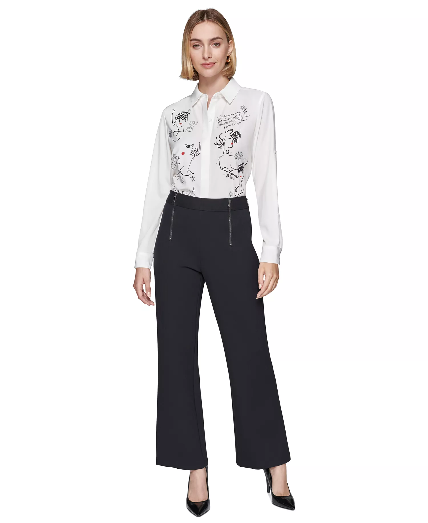 Faux-Zipper Mid-Rise Straight-Leg Ponte Pants - Black - L