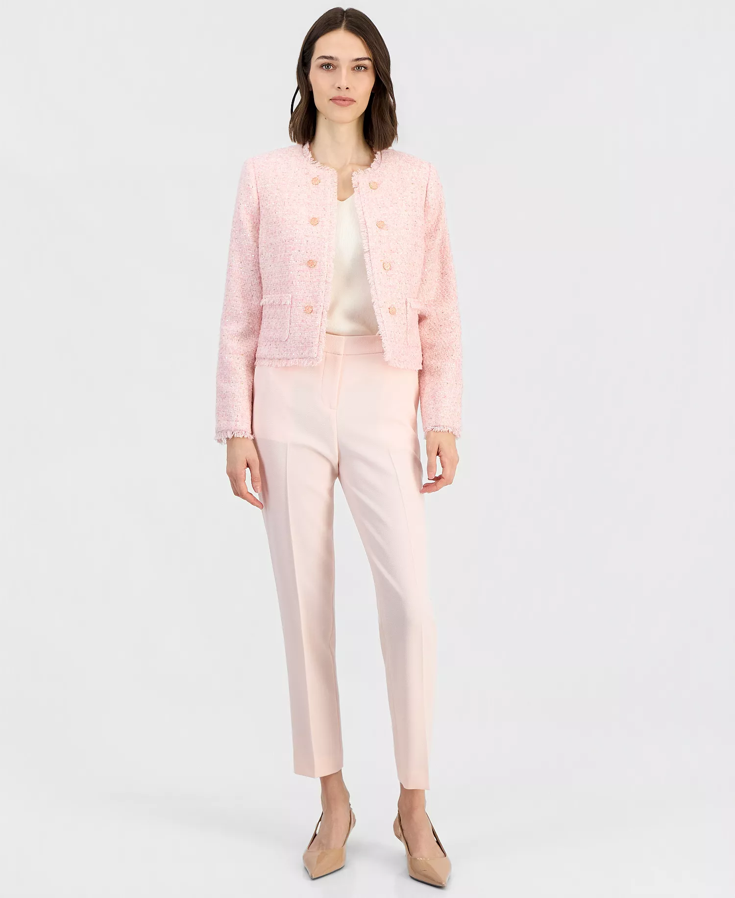 Petite Padded Cropped Collarless Jacket - Tea Rose - 10P