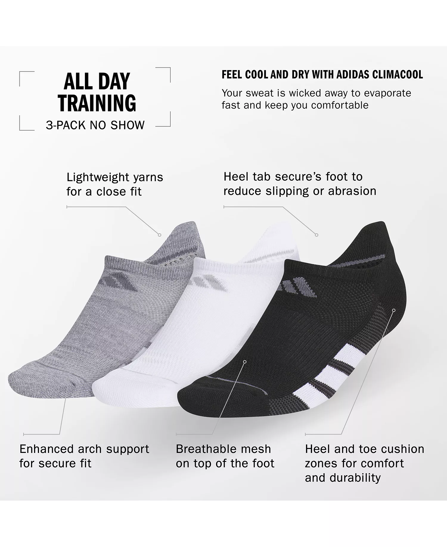 Women's 3-Pk. All Day Training No Show Socks - Grey/white/black - 5-10