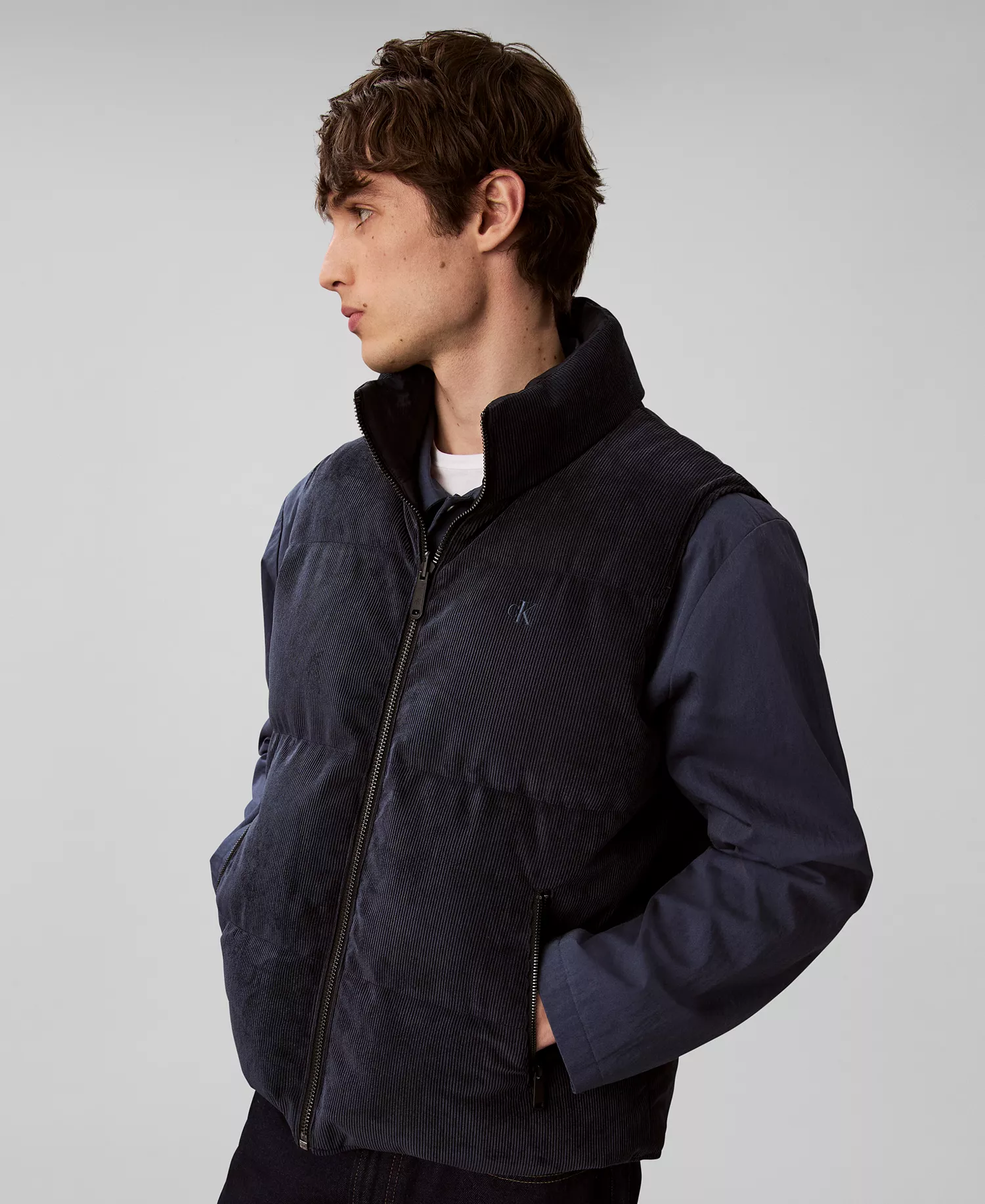 Reversible Corduroy Puffer Vest - Dark Navy - L
