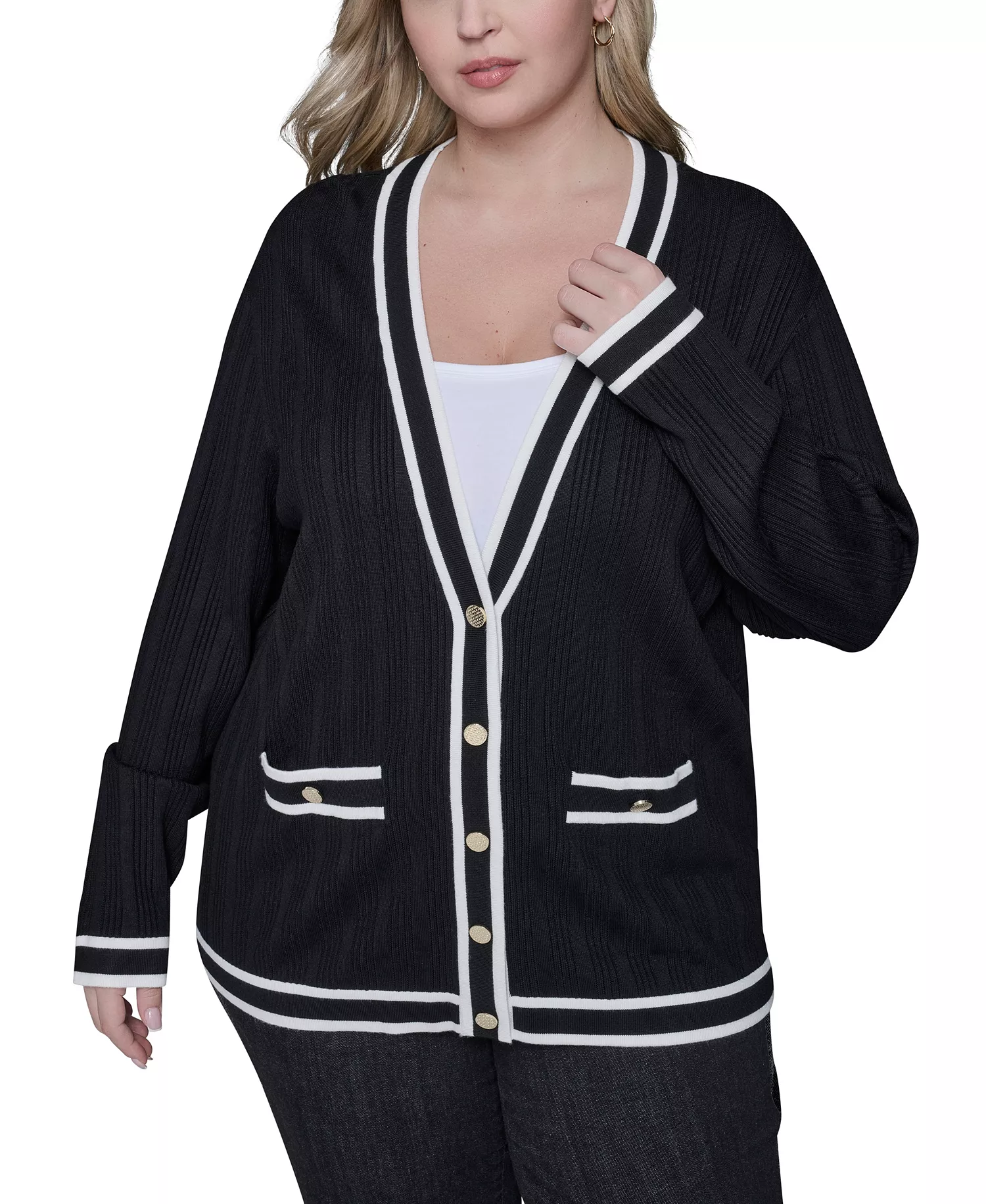 Women's Plus Size V-Neck Button Front Cardigan - Black - 0X
