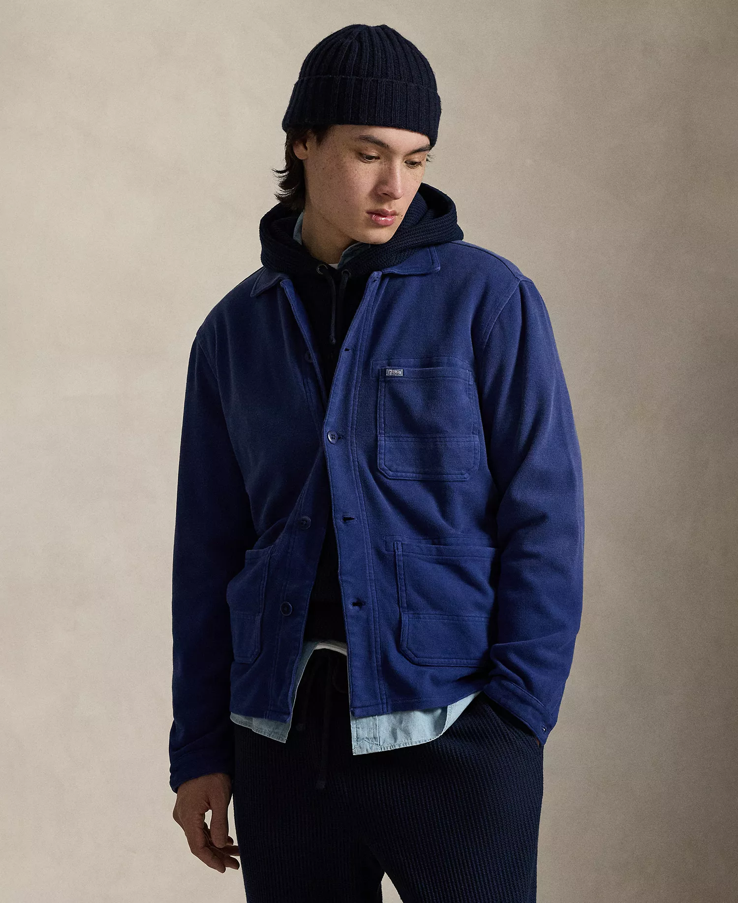 Men's Straight Collar Long-Sleeve Overshirt - Dark Navy - 2XL