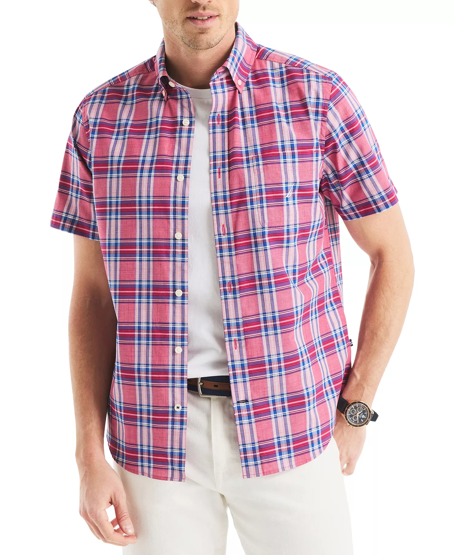 Men's Classic-Fit Plaid Button-Down Shirt - Deep Fuschia - 2XL