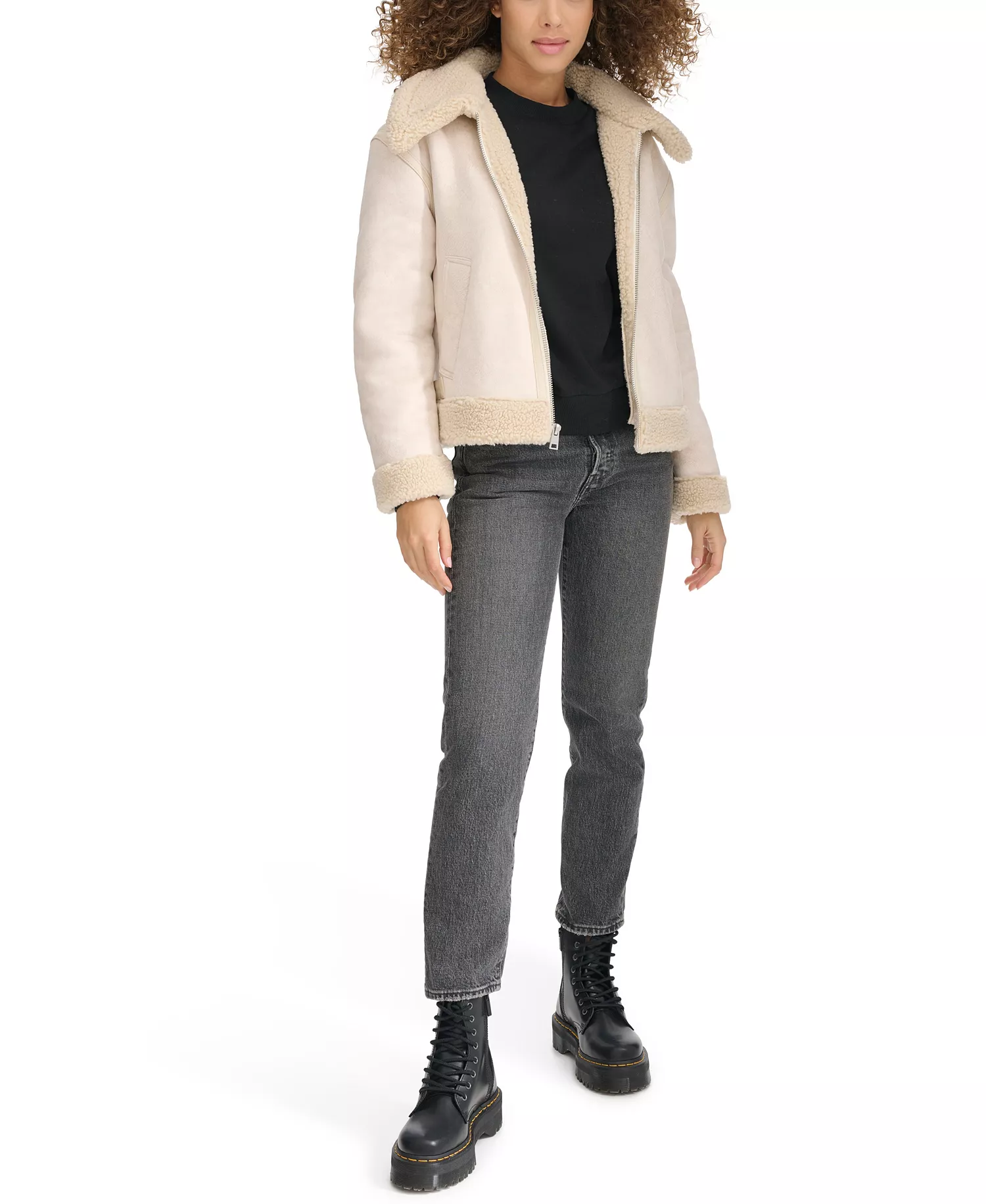 Women's Faux Shearling Aviator Jacket - Almond Milk - L