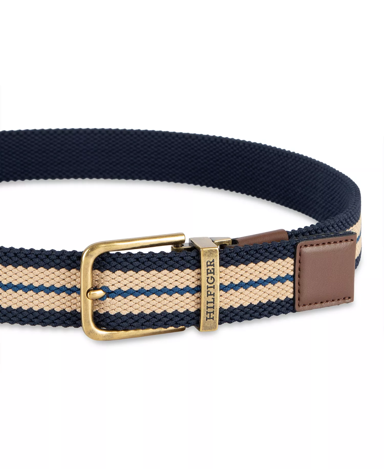 Men's Two-In-One Reversible Striped Stretch Cord Belt - Tan/Navy - L (38-40)