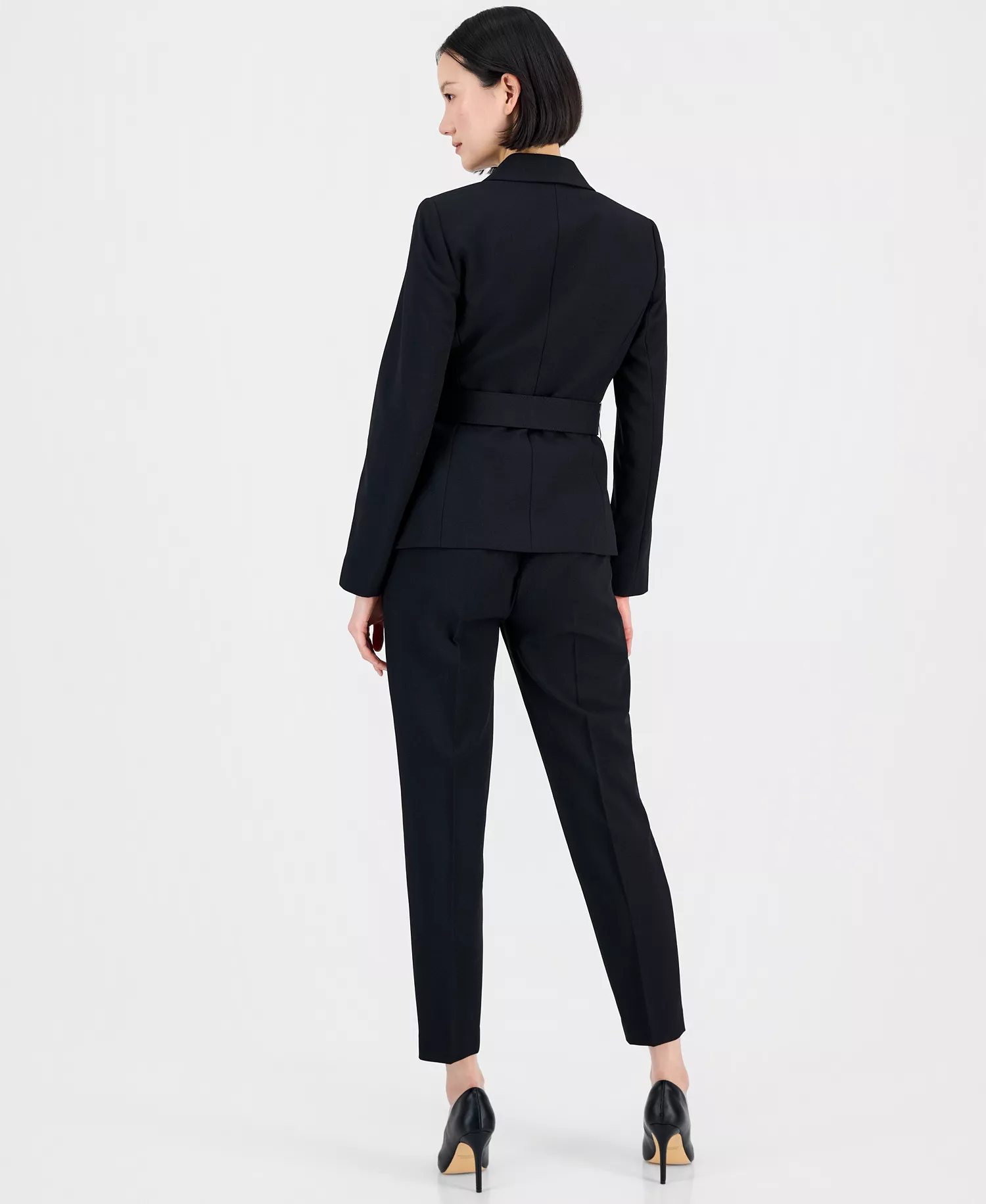 Women's Belted Asymmetrical Jacket & Slim-Fit Pantsuit Set - Black - 10