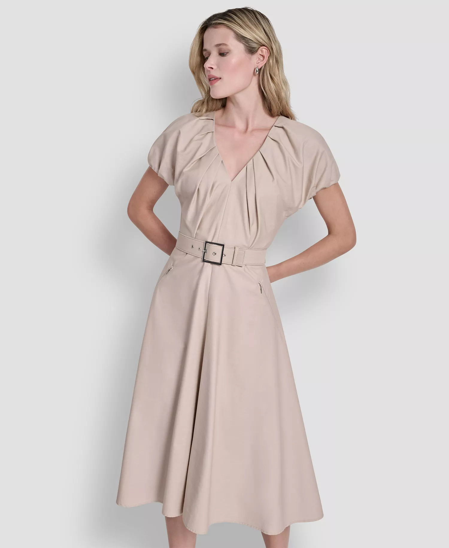 Women's V-Neck Belted Midi Dress - Moonlight - 10