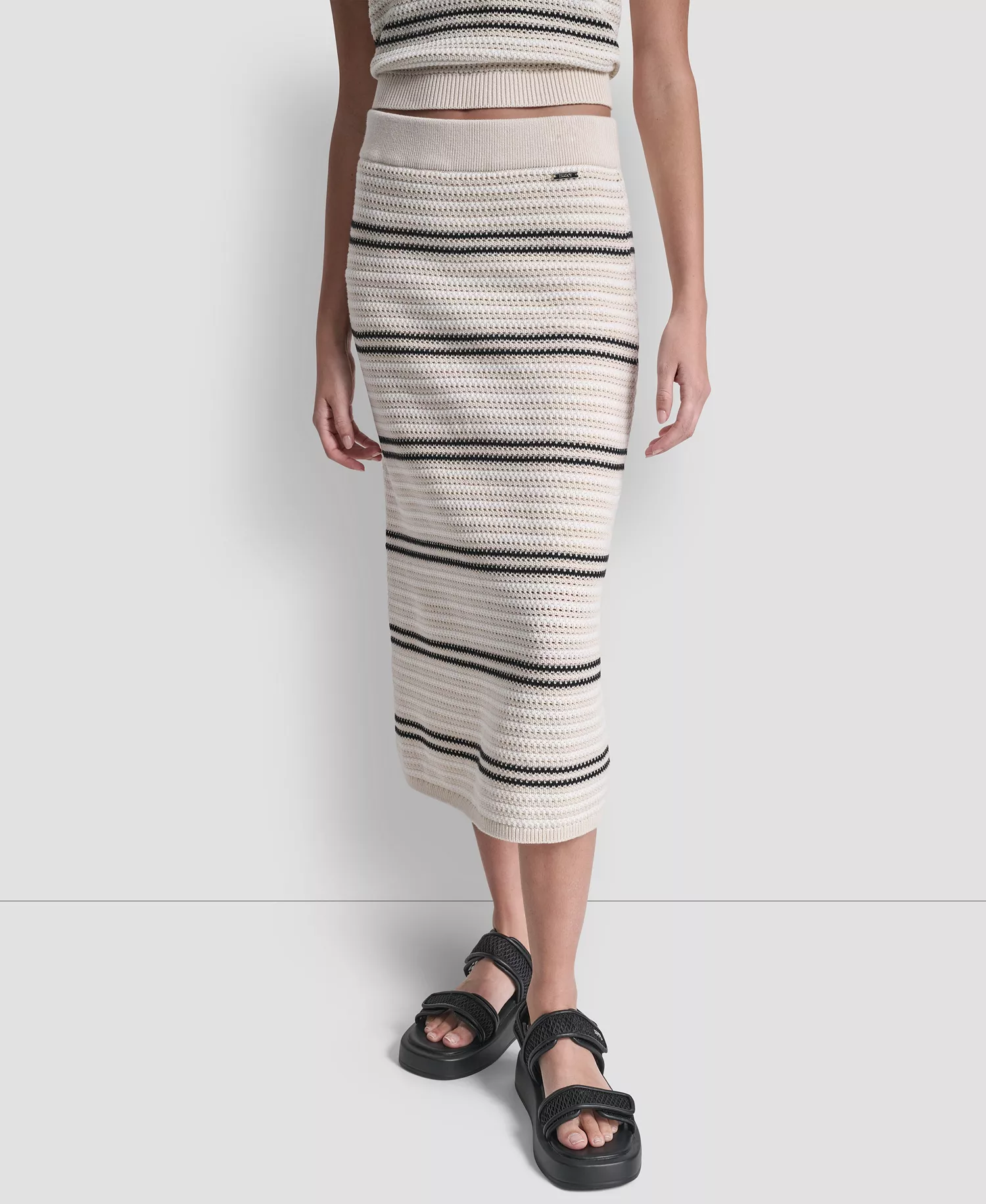 Women's Striped Pointelle Stitch Pull-On Midi Skirt - Natural/ivory/black - L
