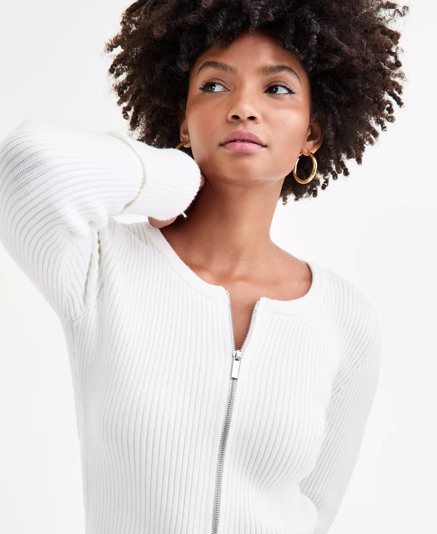 Women's Zip-Front Ribbed-Knit Sweater, Macy's Exclusive - Crema - L