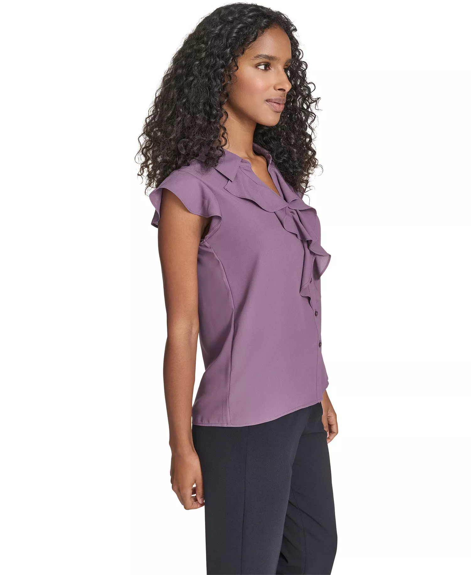 Petite Solid Cap Sleeve Ruffle Front Top - Winter Plum - P/XS