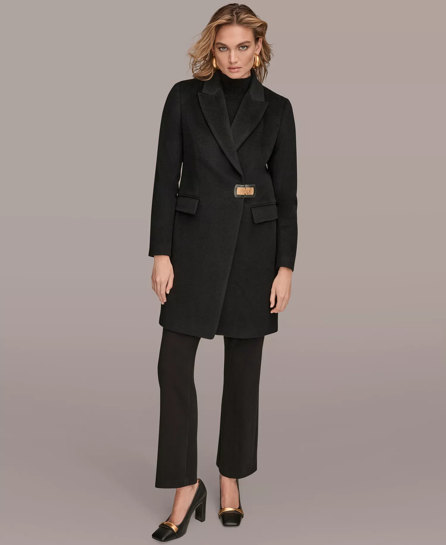 Women's Buttoned Notch Collared Coat - Black - L