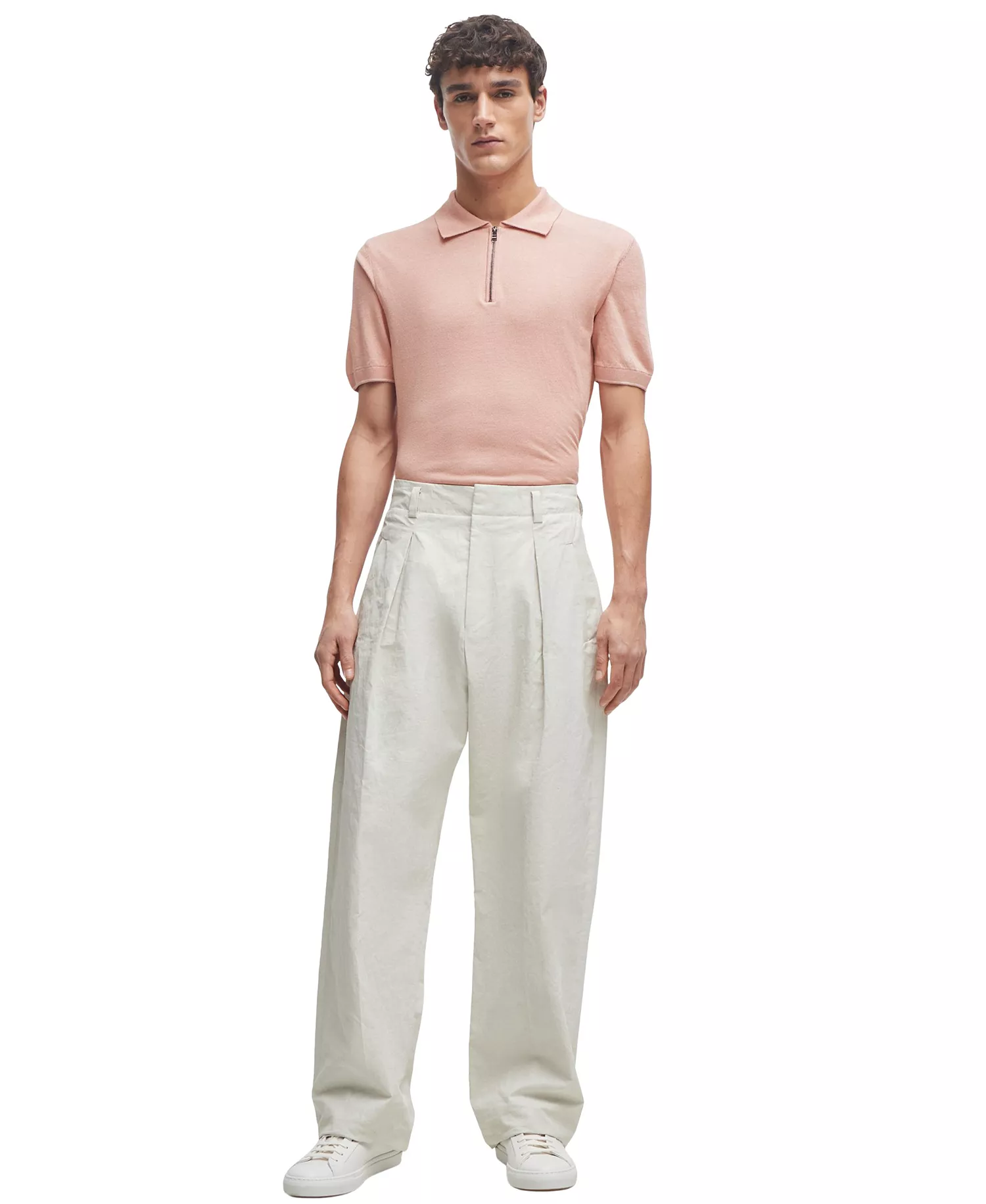 Men's Linen-Blend Zip-Neck Knit Polo - Open Pink - M