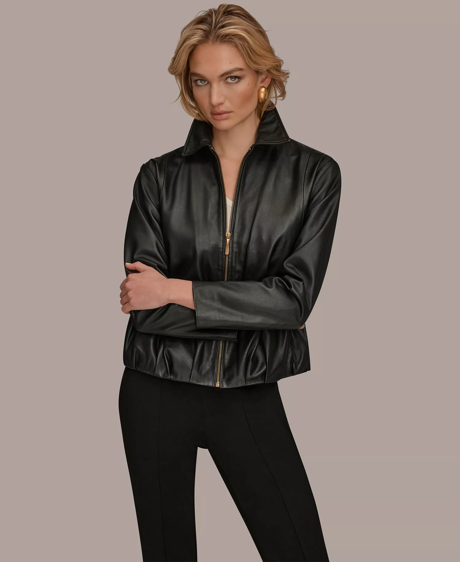 Women's Leather Bomber Jacket - Black - L