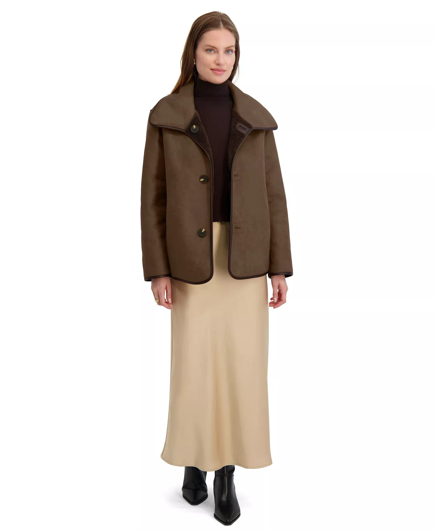 Women's Reversible Faux-Shearling Button-Front Coat - Chocolate - L