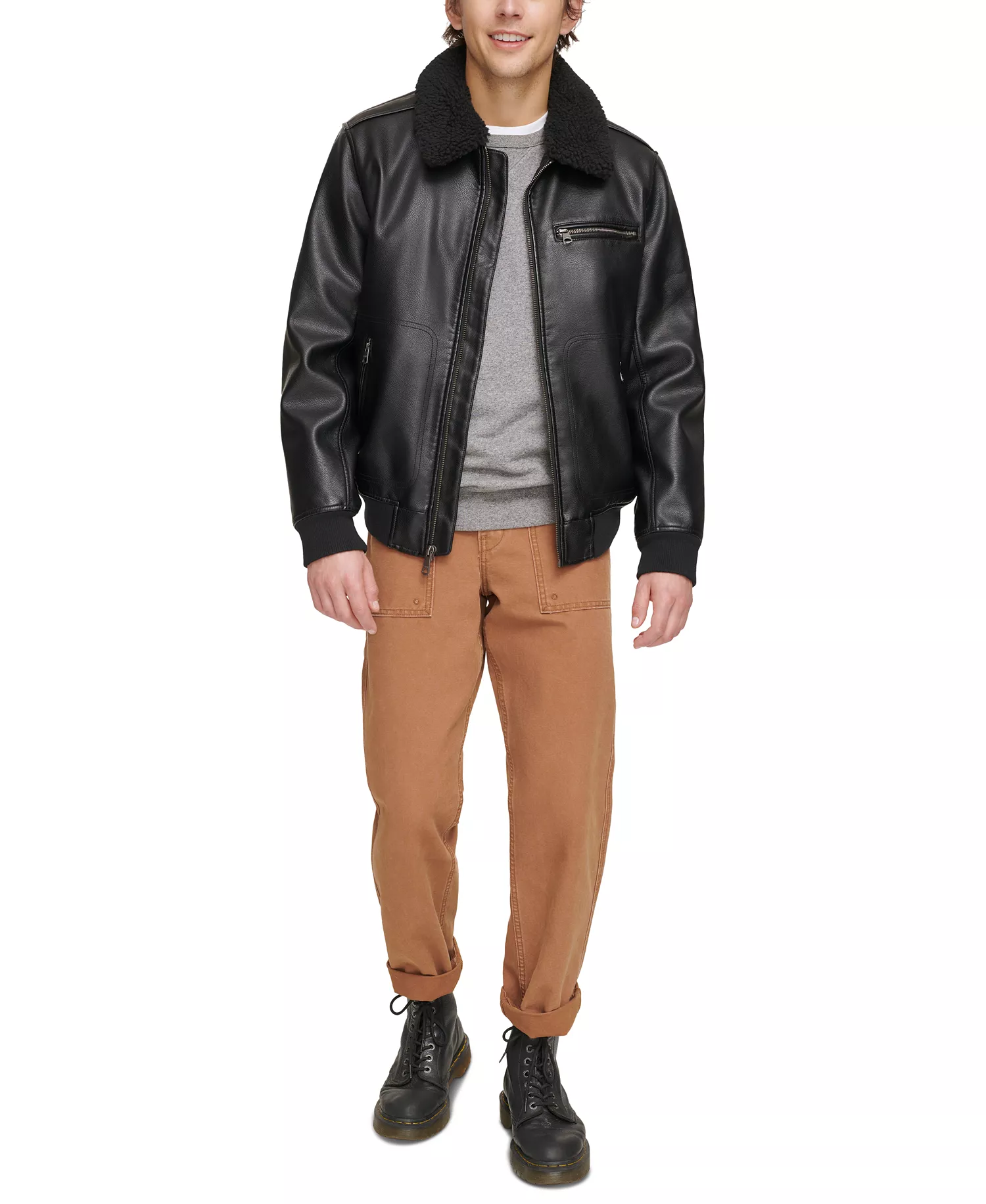 Men's Sherpa Collar Faux Leather Bomber Jacket - Black - 2XL