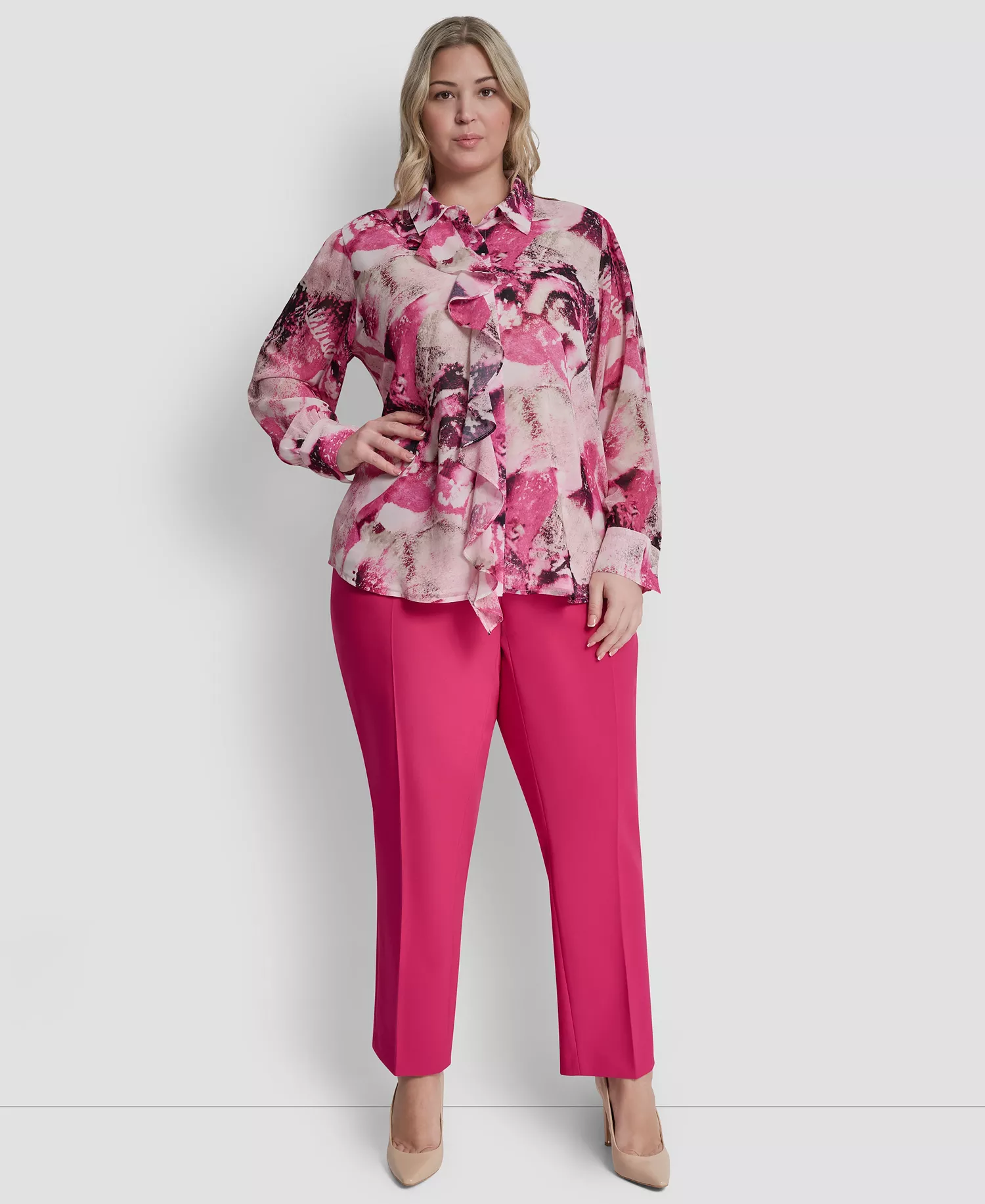 Plus Size Printed Button-Front Top - Hot Pink/Pebble Multi - 1X