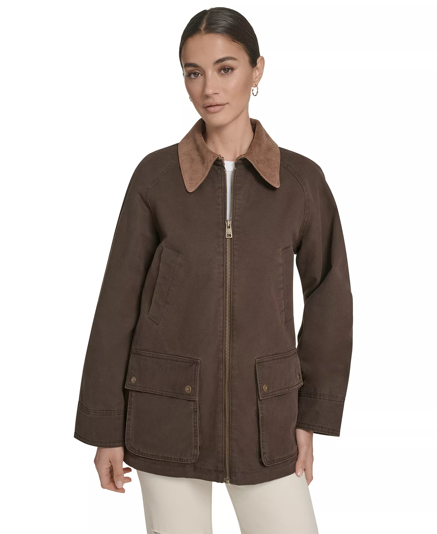 Women's Front Zipper Barn Jacket - Chocolate Brown - L