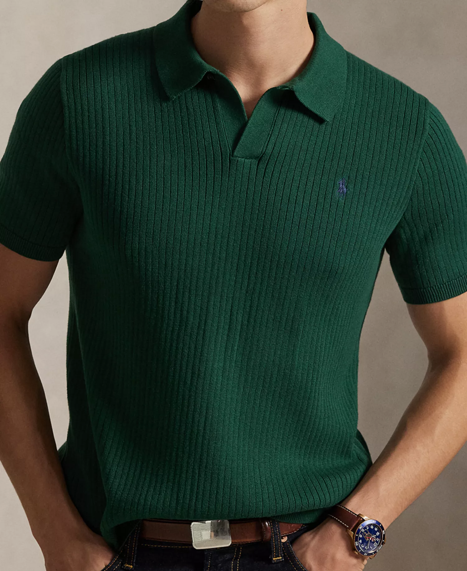 Men's Rib-Knit Cotton Polo-Collar Sweater - Vintage Pine - XS