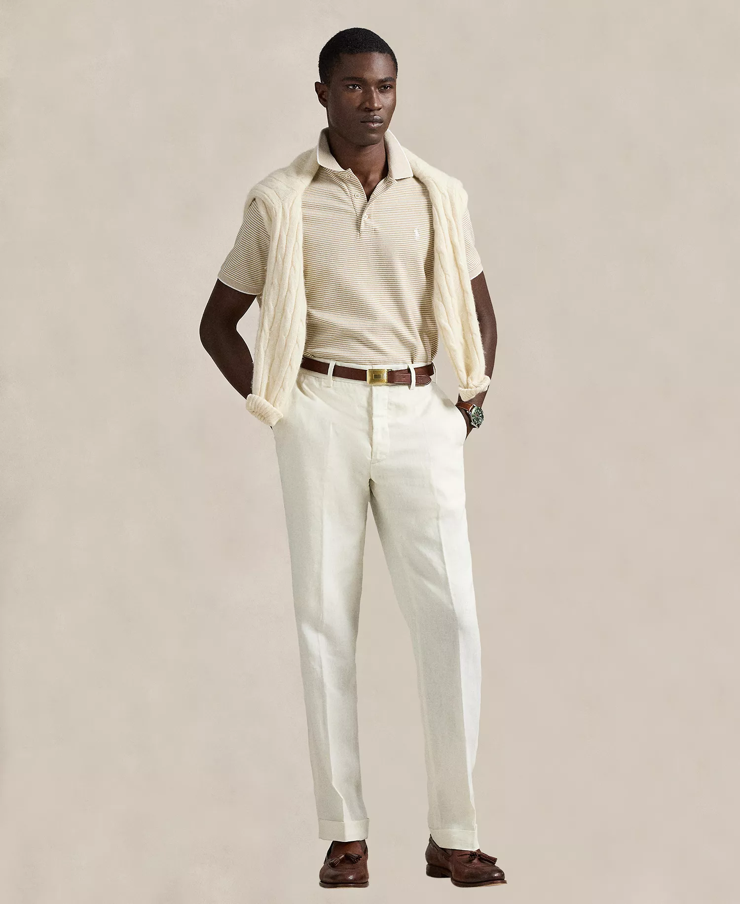 Men's Striped Stretch Mesh Polo Shirt - Classic Khaki - 2XL