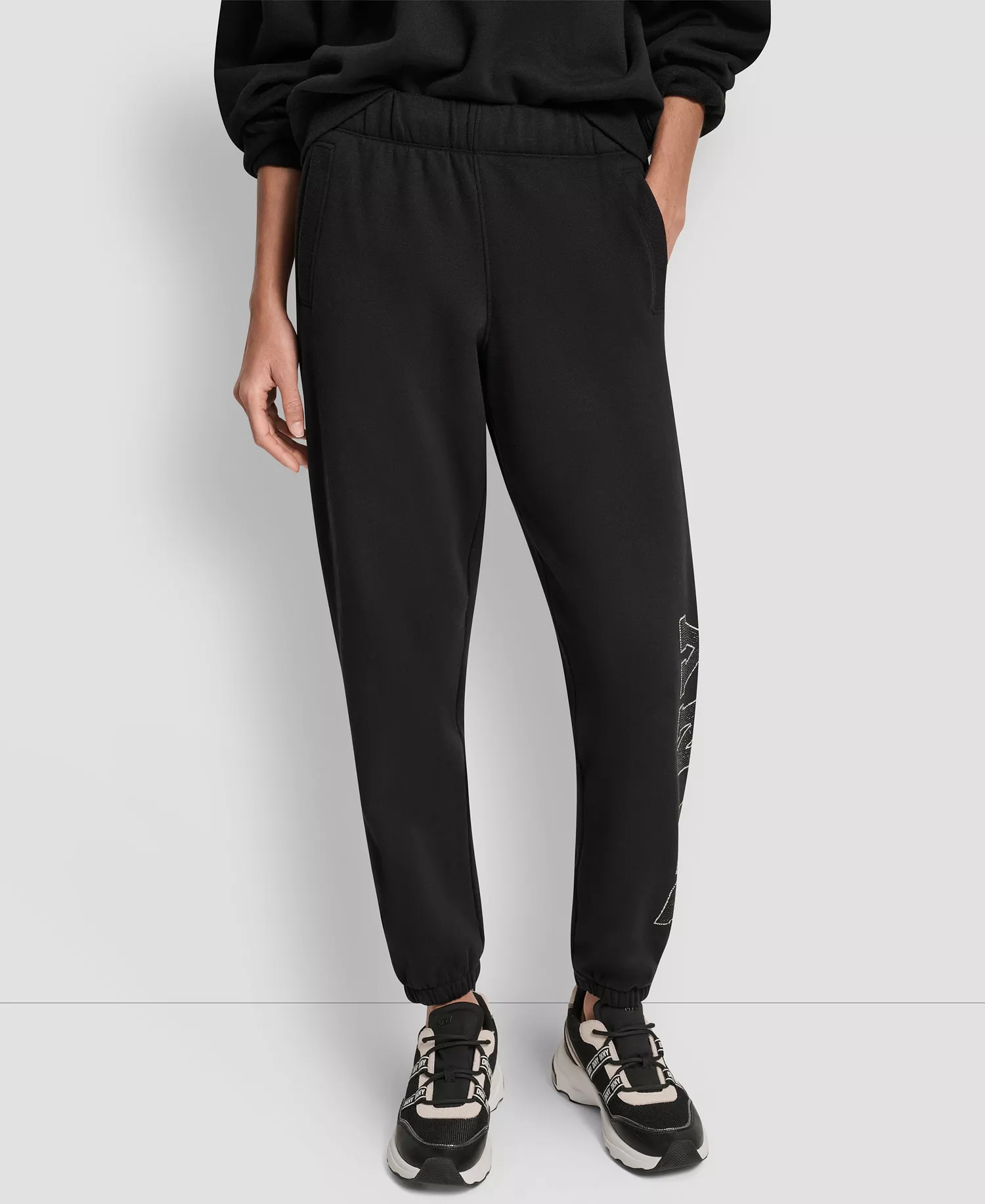 Women's Exploded Rhinestone Varsity Logo High Rise Relaxed Jogger - Black - L