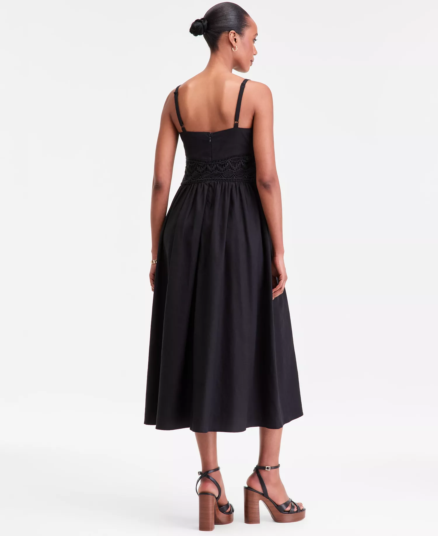 Women's Sleeveless Lace-Inset Cotton-Linen Blend Midi Dress, Macy's Exclusive - Deep Black - L