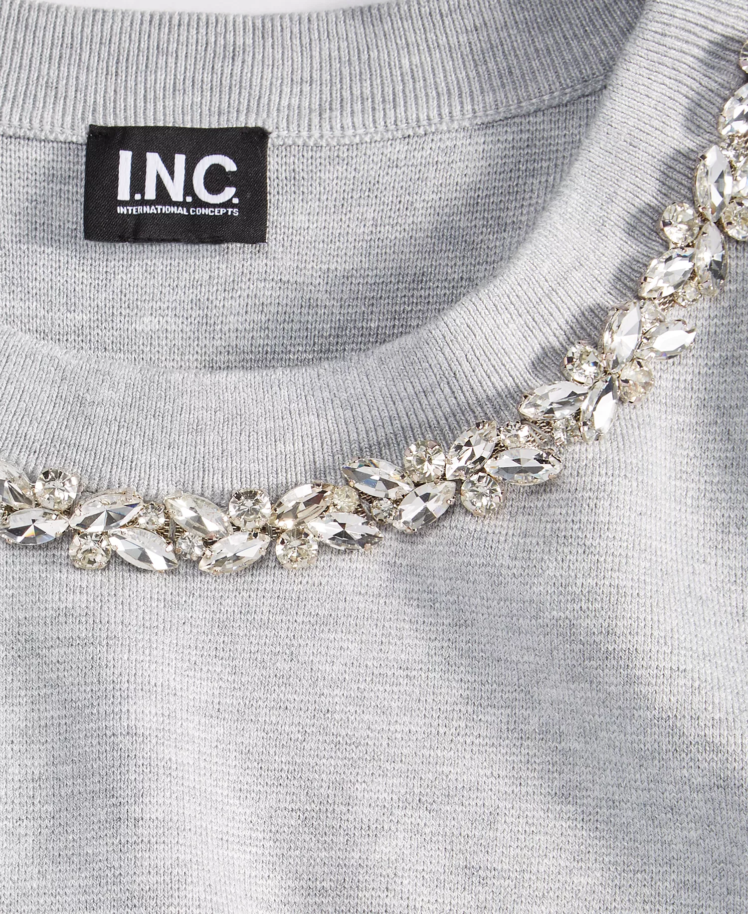 Women's Short-Sleeve Embellished-Neck Sweater, Macy's Exclusive - Hthr Belle - M