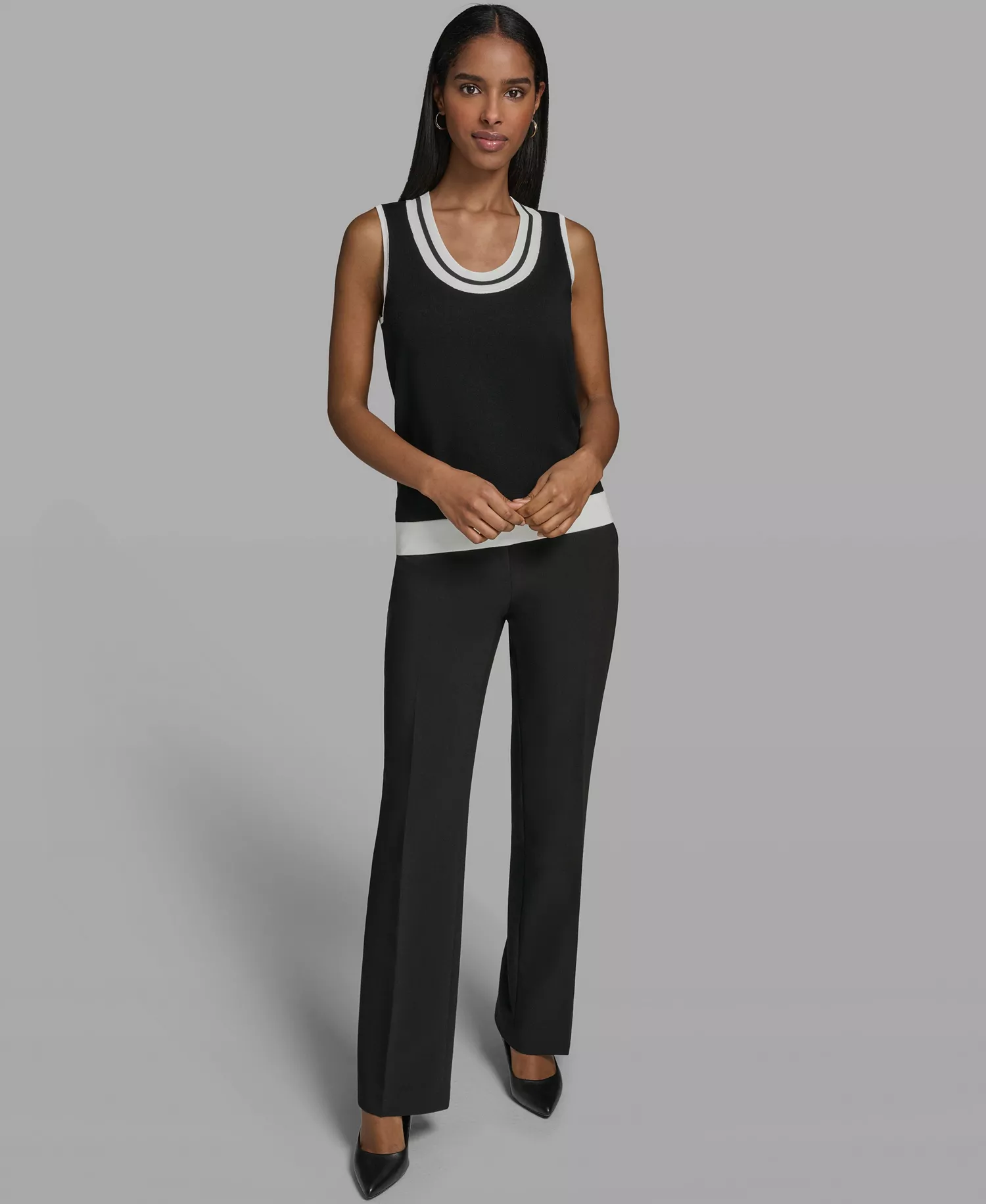 Women's Scoop-Neck Sleeveless Knit Top with Contrast Trim - Black/soft White - L