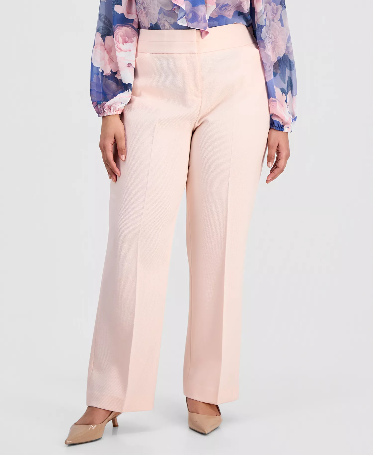 Plus Size Press-Pleat High-Rise Bell-Bottom Pants  - Slipper Pink - 14W