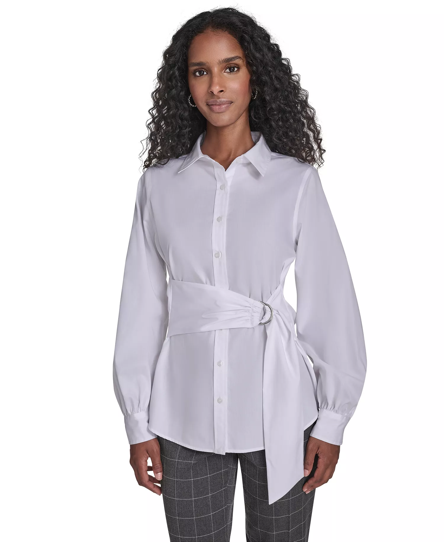 Women's Tie Waist Collared Neck Top - White - L