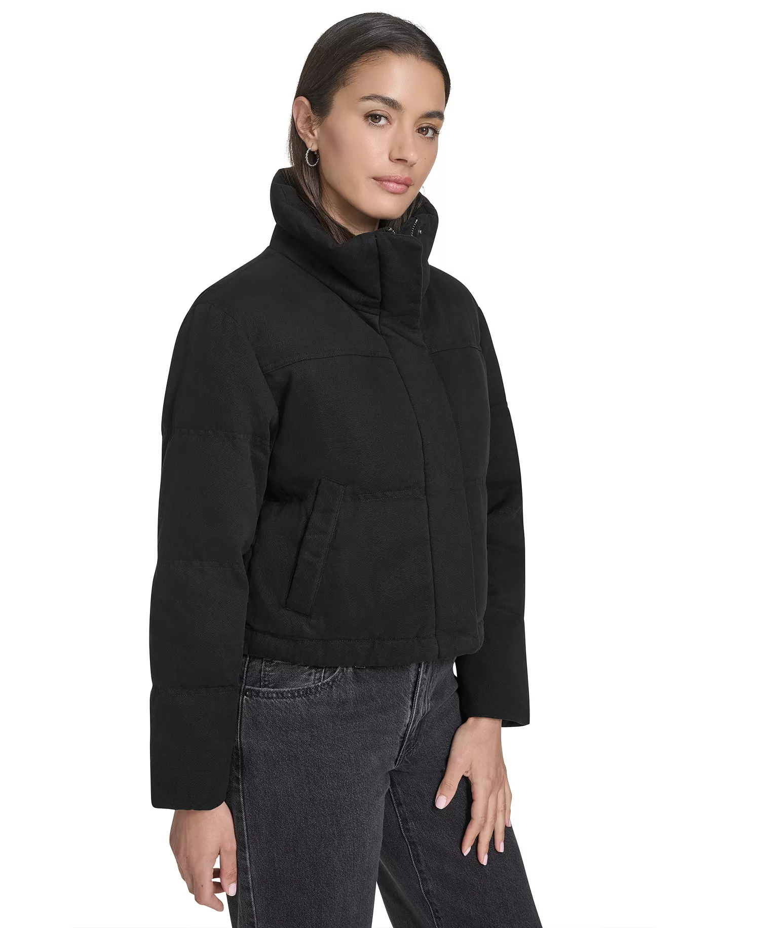 Women's Regular Cropped Cotton Puffer Jacket - Black - L
