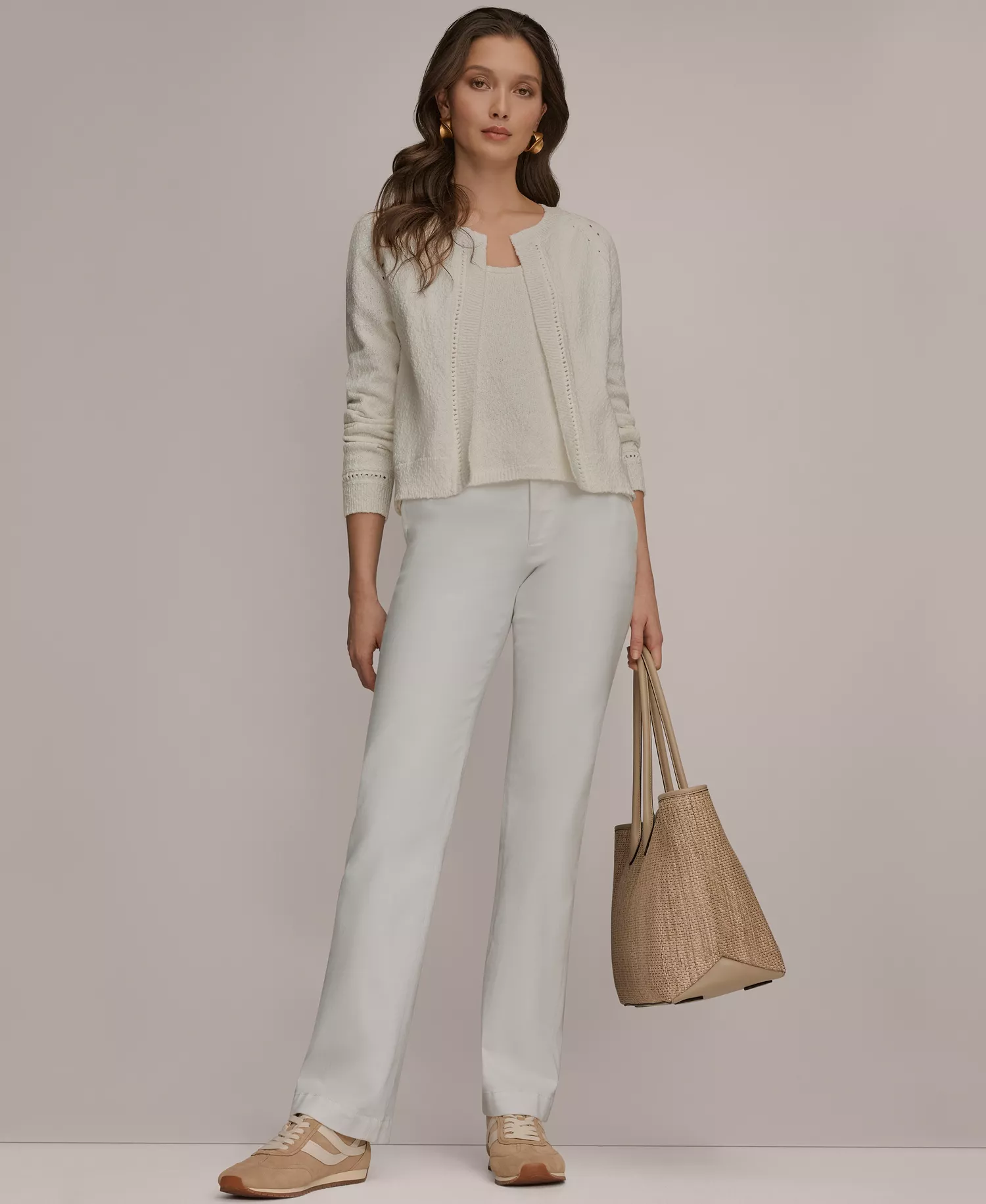 Women's Pointelle Stitch Open-Front Cotton Cardigan  - Cream - L