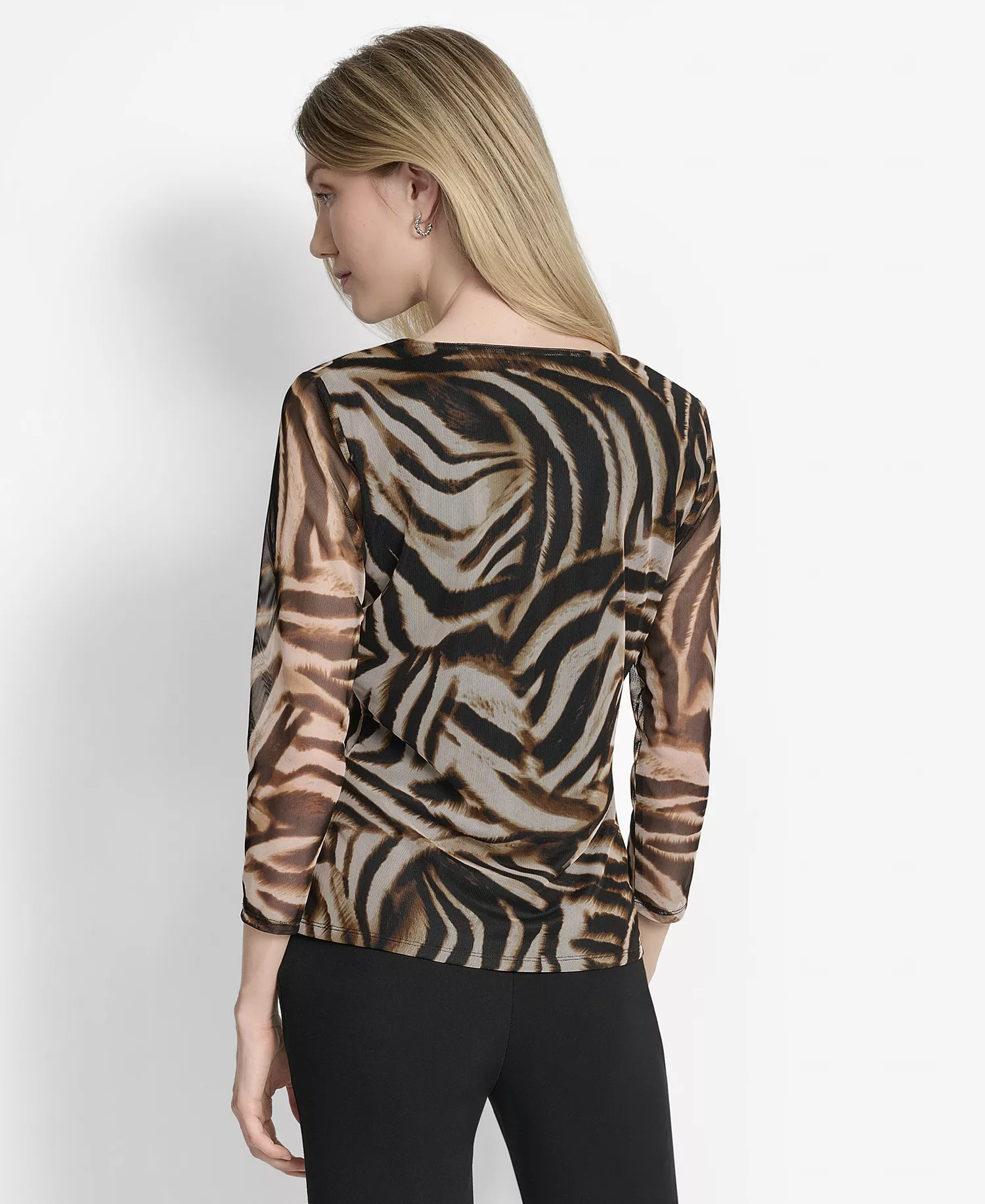 Women's 3/4-Sleeve Printed Mesh V-Neck Top  - Blurred Zebra - M