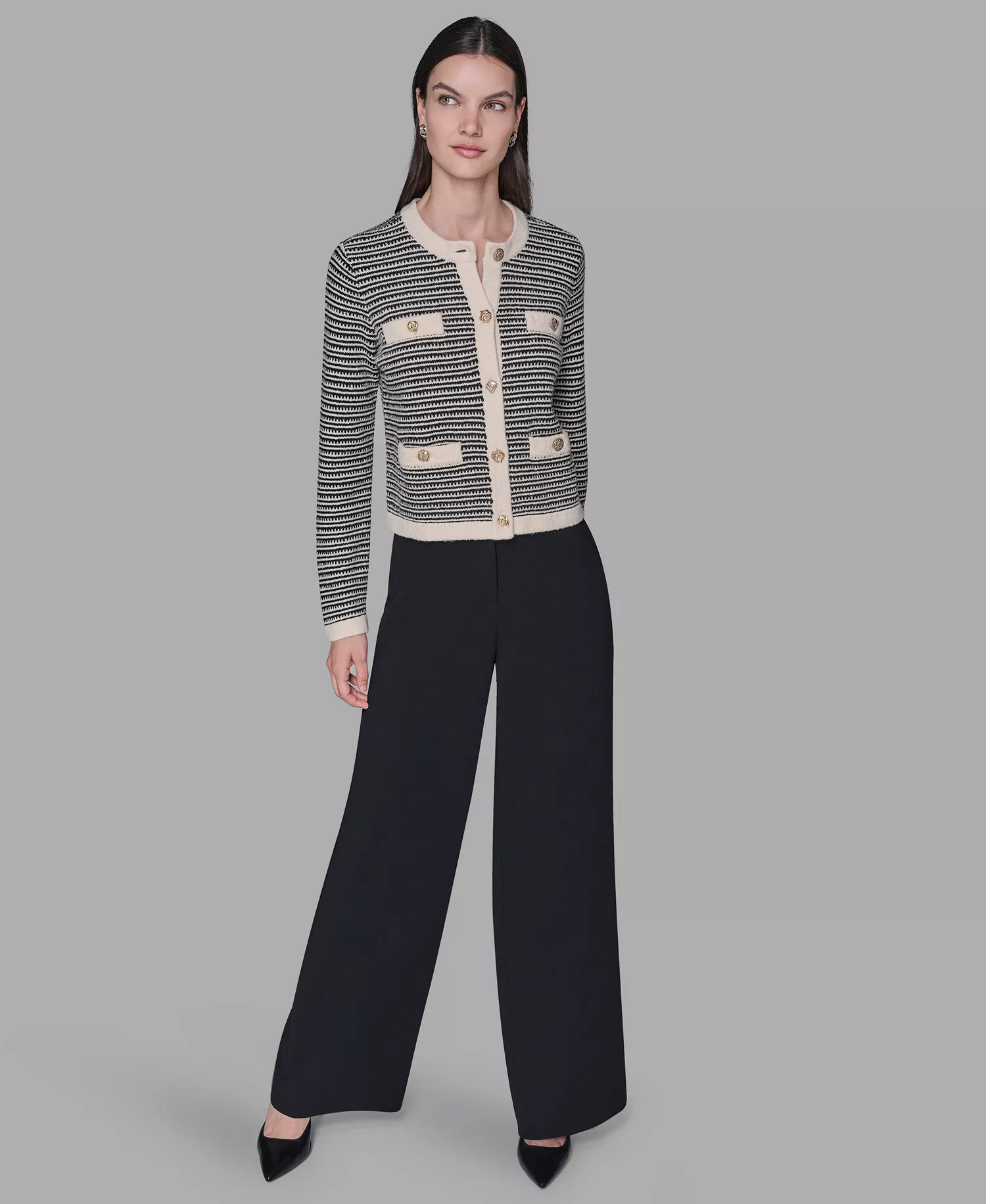 Women's Striped Crewneck Cardigan Sweater - Birch/black Lurex - L