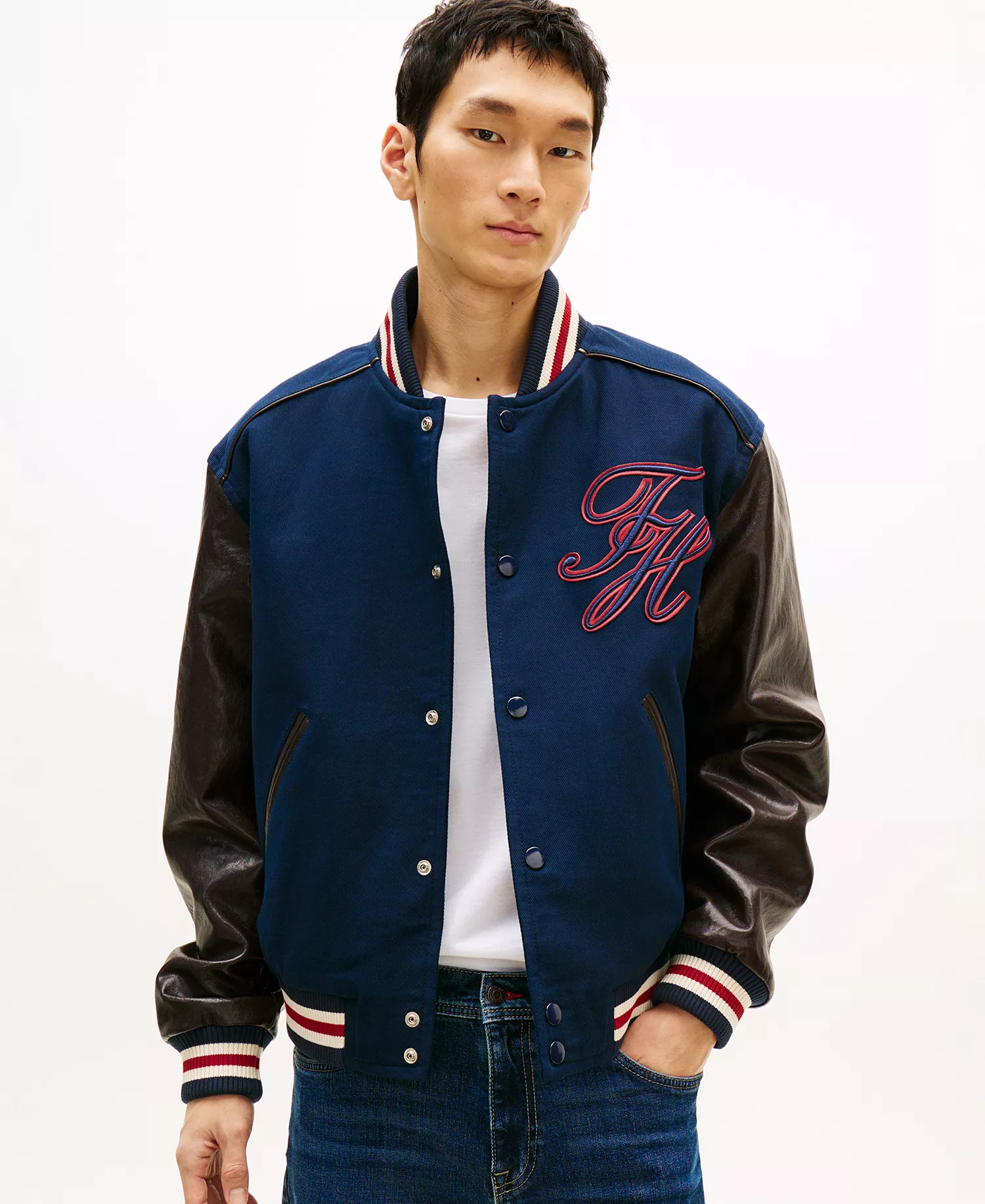 Men's Regular-Fit Leather Varsity Jacket - Carbon Navy - L