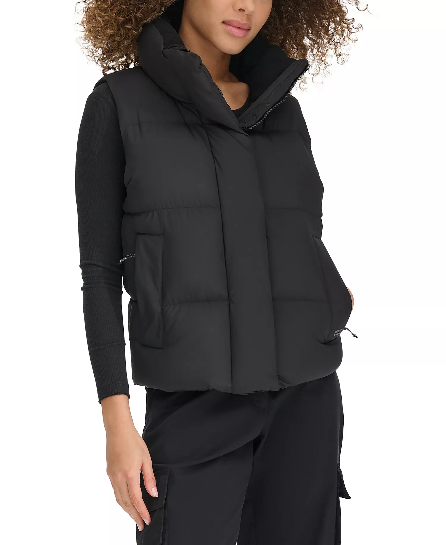 Women's Stand Collar Puffer Vest - Black - L